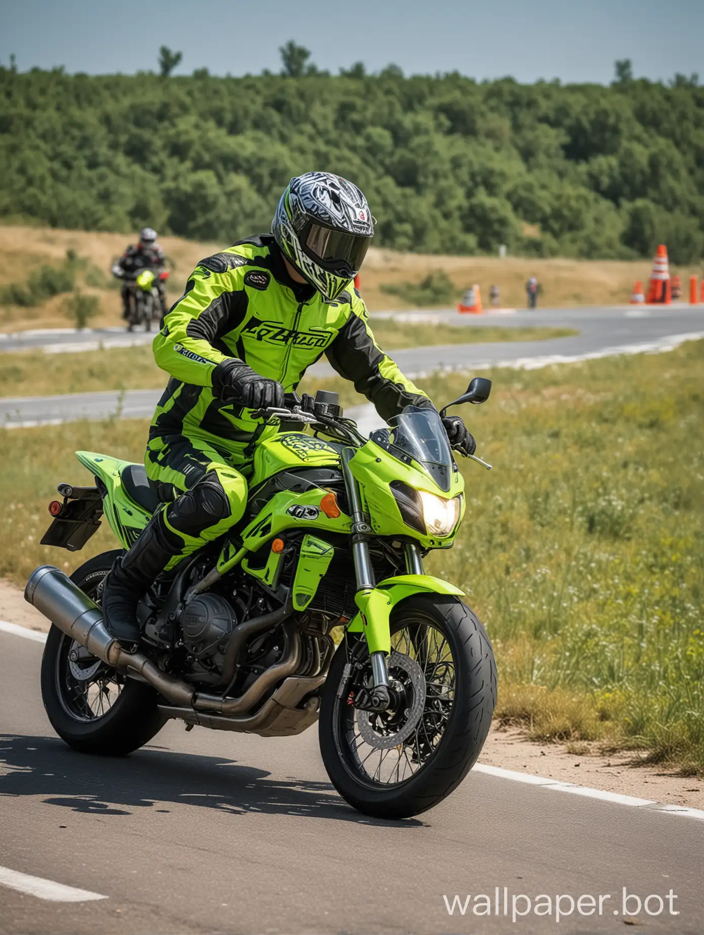 Fluorescent-Green-Moto-Race-Two-Bikers-Rallying