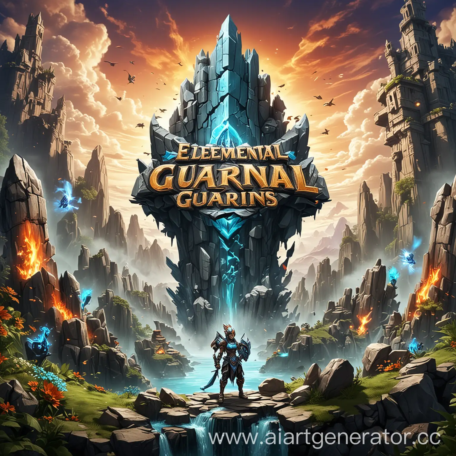Сделай картинку на фон меню для мобильной игры Tower Defense, название игры: "Elemental Guardians"