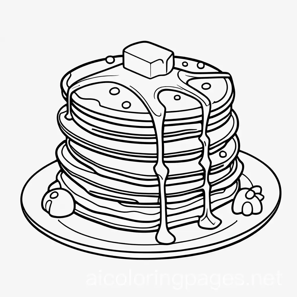 kawai themed Pancakes: A stack of fluffy pancakes with syrup and a pat of butter, Coloring Page, black and white, line art, white background, Simplicity, Ample White Space. The background of the coloring page is plain white to make it easy for young children to color within the lines. The outlines of all the subjects are easy to distinguish, making it simple for kids to color without too much difficulty, Coloring Page, black and white, line art, white background, Simplicity, Ample White Space. The background of the coloring page is plain white to make it easy for young children to color within the lines. The outlines of all the subjects are easy to distinguish, making it simple for kids to color without too much difficulty