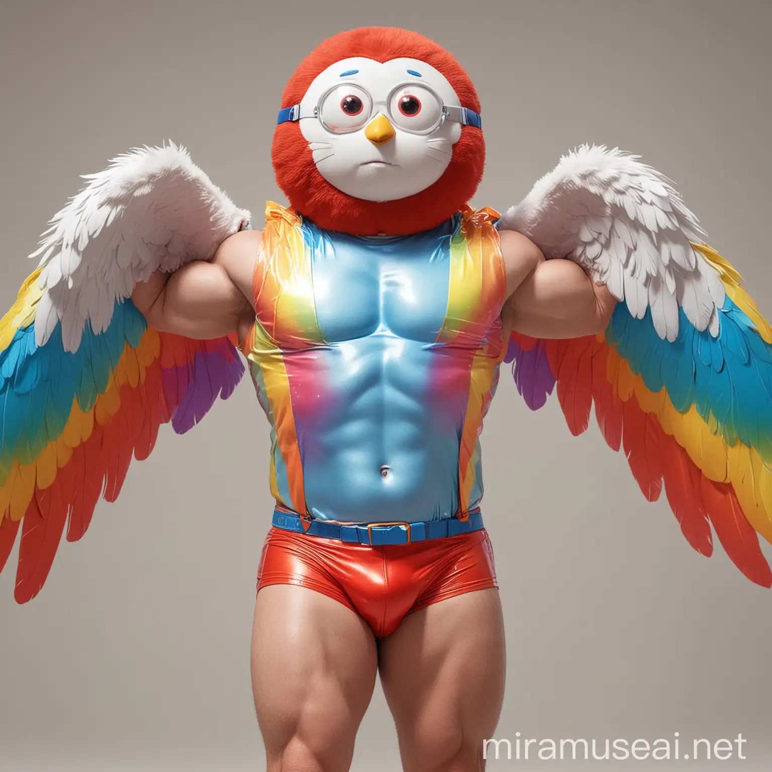 Muscular Bodybuilder Daddy Flexing Arm in Rainbow Colored Eagle Wings Jacket