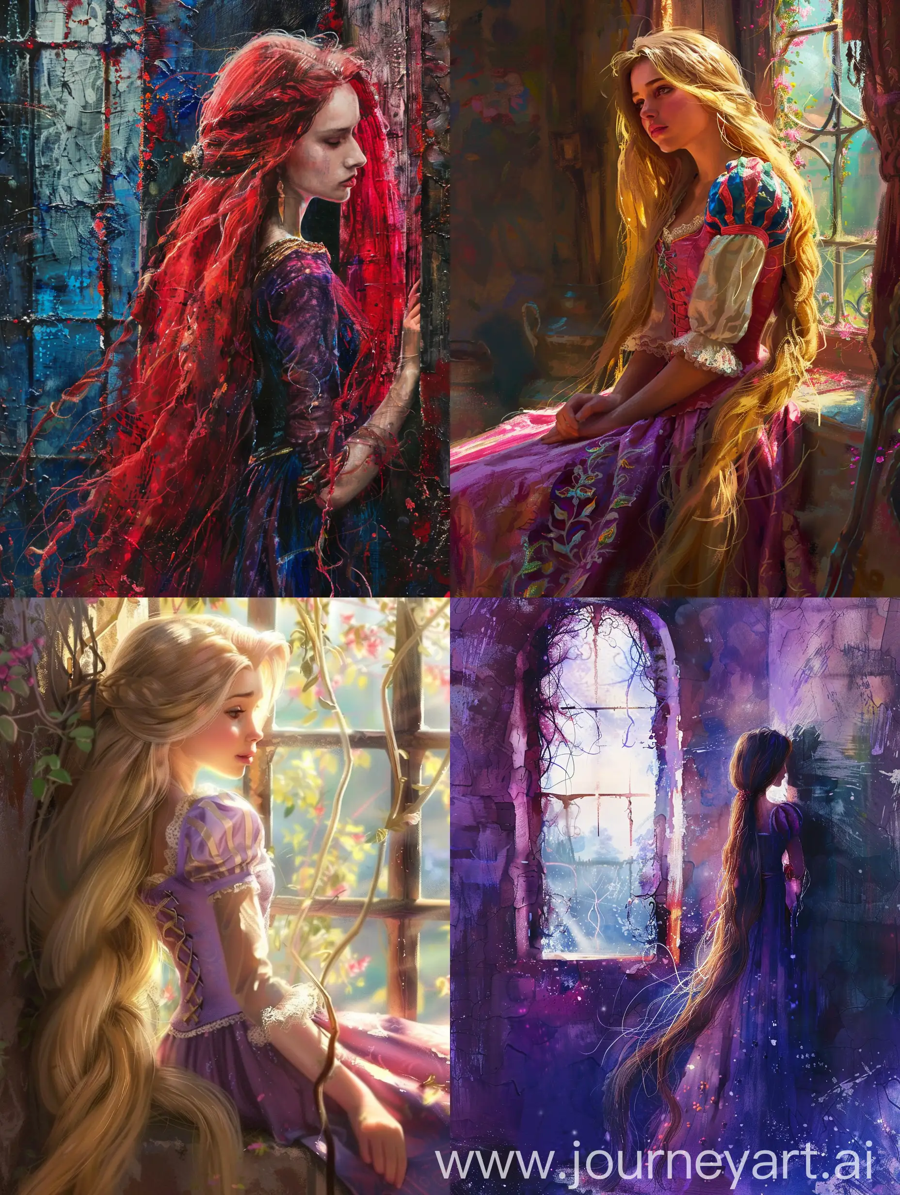 Vicente Romero style of the princess Rapunzel at an open tower window letting her extremely long 10 foot hair down out the window:: shades of red and blue and purple