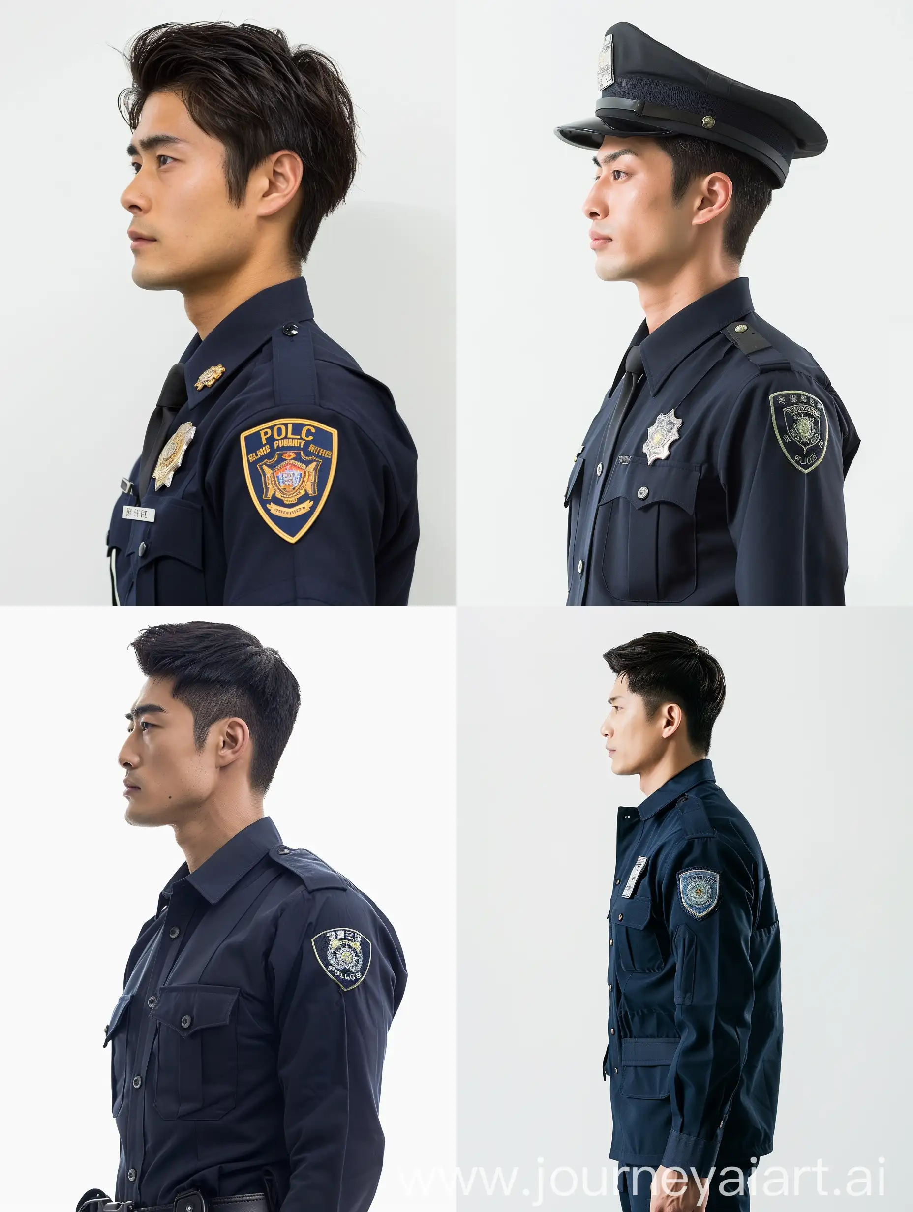 Asian man in police uniform, side view, white background, upper body