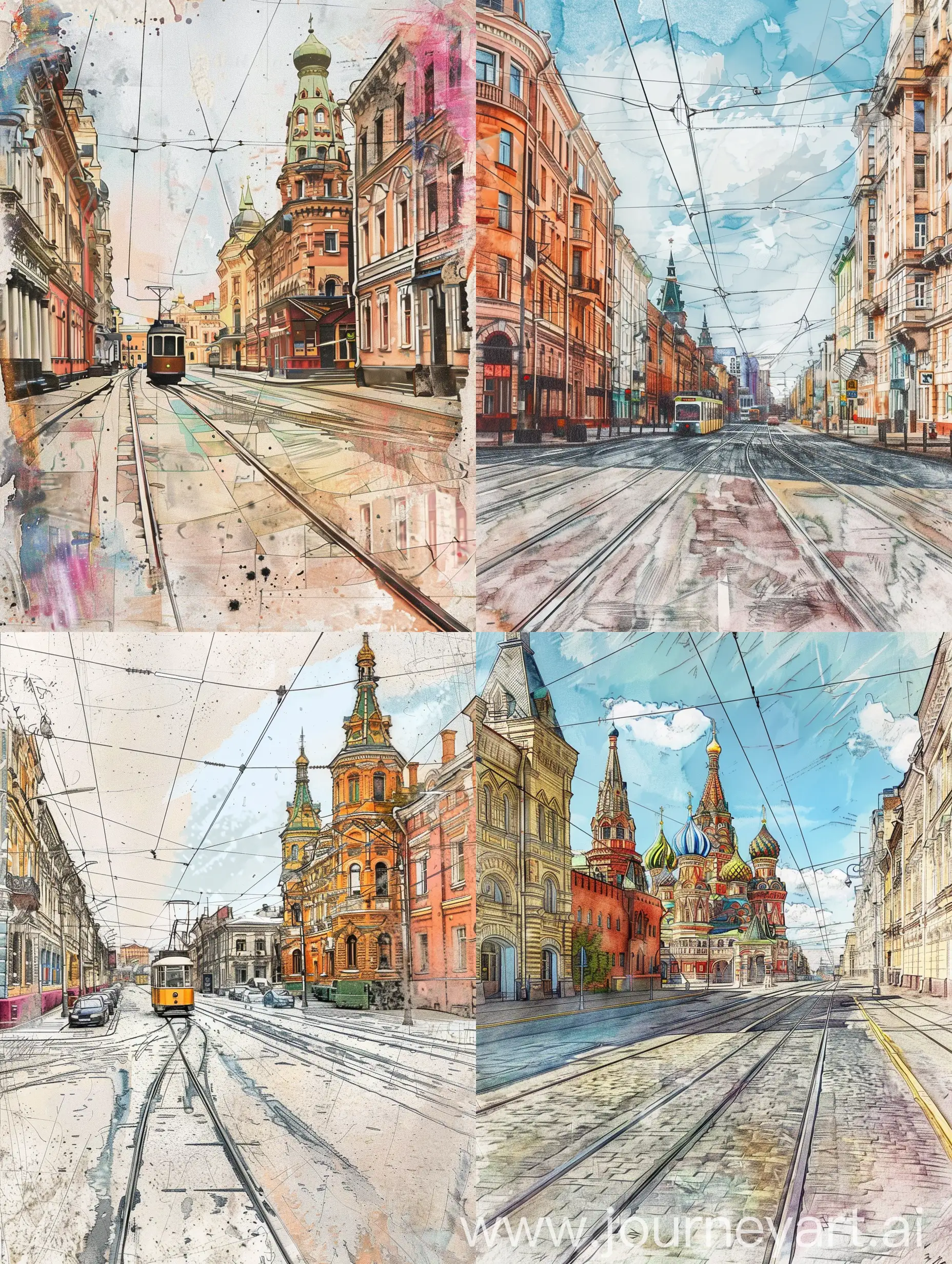 draw a photo of a Russian city street with tram tracks and buildings in the style of constructivism, Rococo and Artdeco