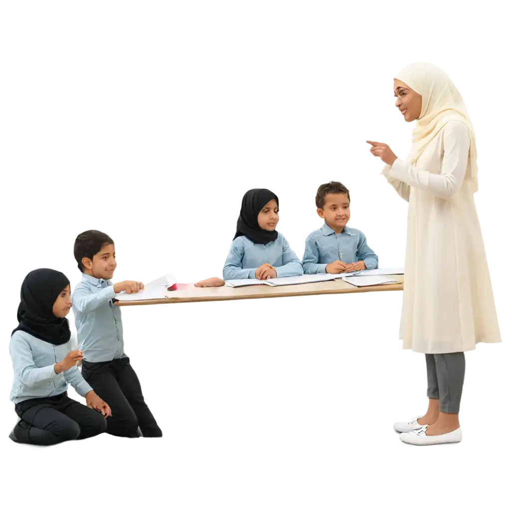 Classroom-Scene-PNG-Teacher-in-Hijab-Teaching-Children-at-Eight-OClock