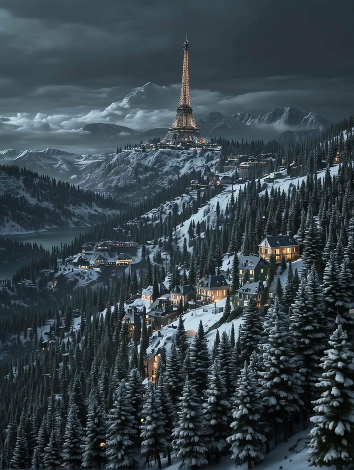 Snow Mountain Landscape with Lighted Houses and Eiffel Tower in Dusk