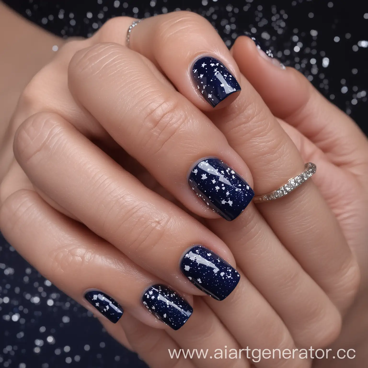 Medium-length nails, painted with dark blue nail polish with small sparkles and white patterns resembling constellations