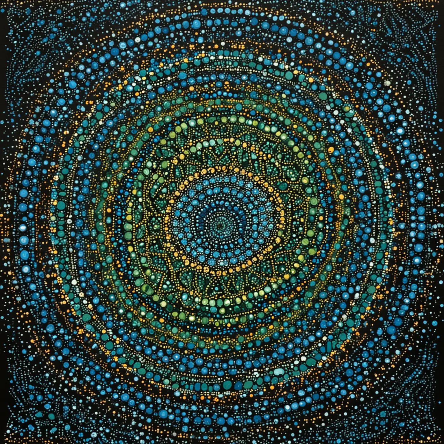  aboriginal dot art style of mandala with green,  blue, and black
Dots only