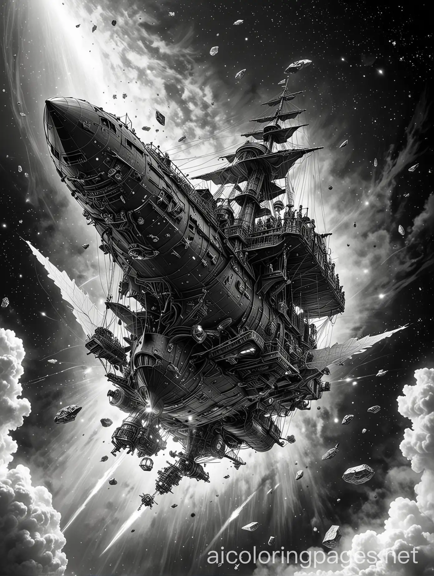 Galactic-Pirate-Ship-Flying-Through-Space-with-Steampunk-Airship-and-Fantasy-Creatures