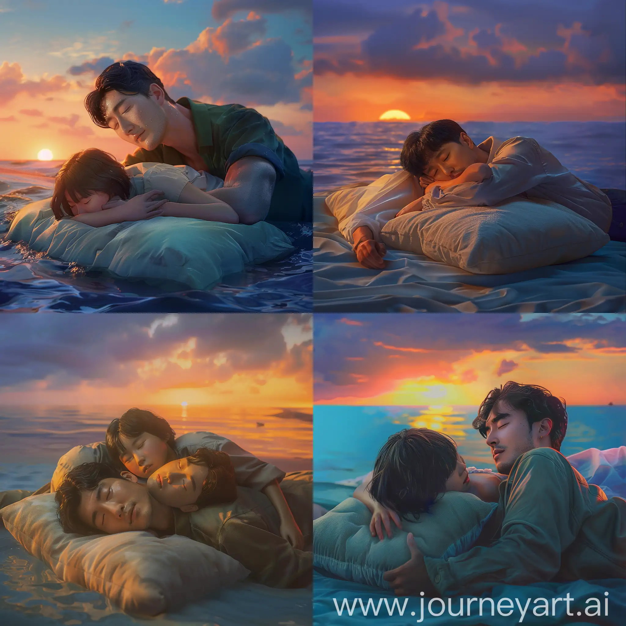 A photorealistic realistic korean man lying on a soft pillow on an azure beach at sunset with a girl with short dark hair in his arms. Her face is not visible.