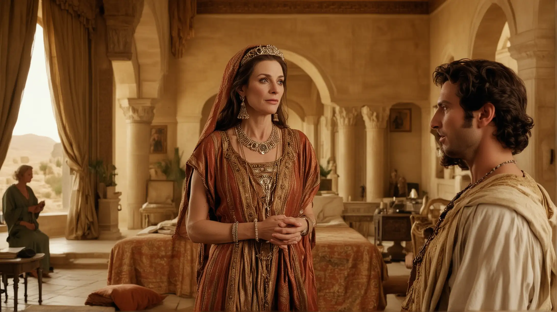  A an attractive 50 year old woman speaks to a handsome King David in a desert Palace room. Set during the biblical era of King David.