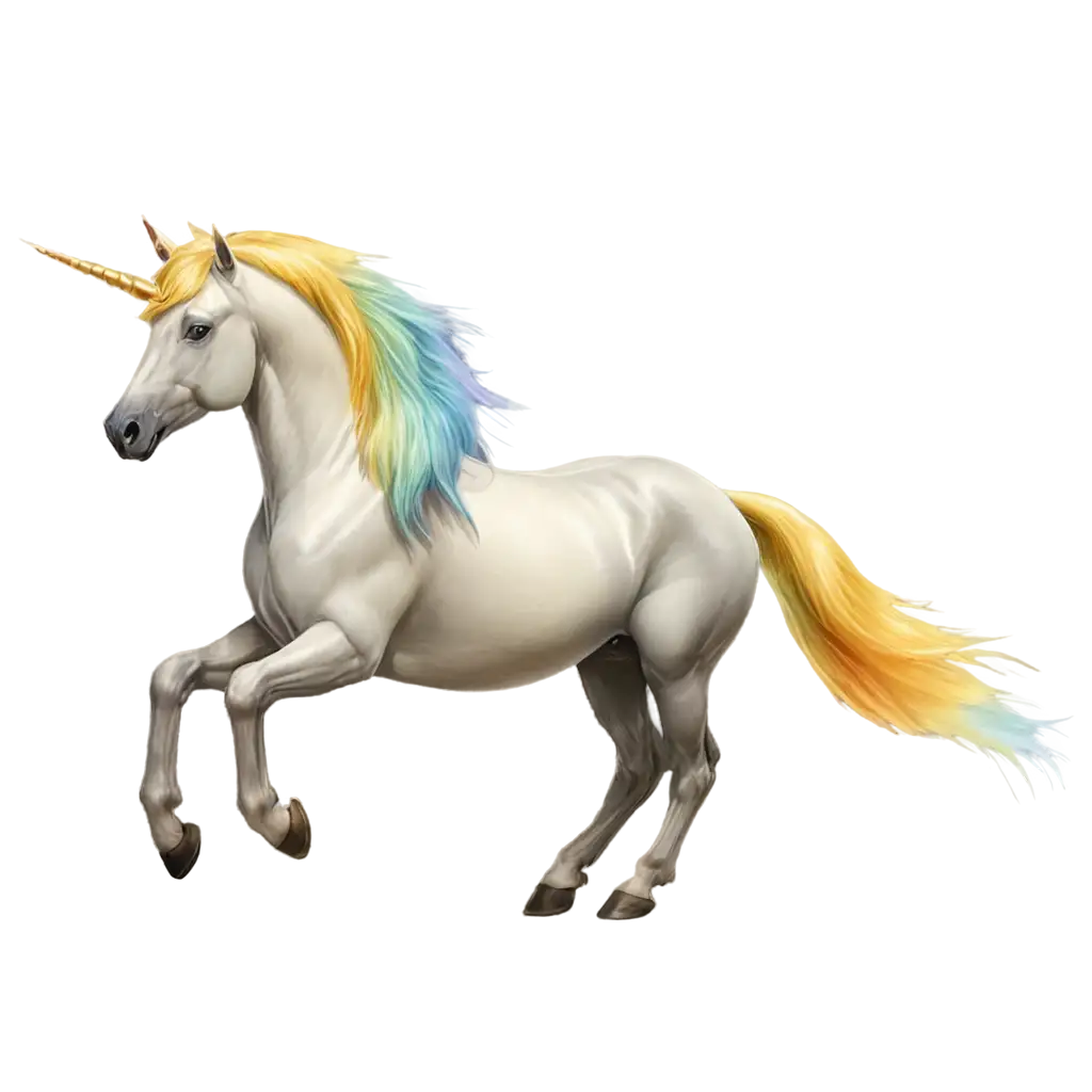 pale yellow unicorn with rainbow mane leaping on transparent background