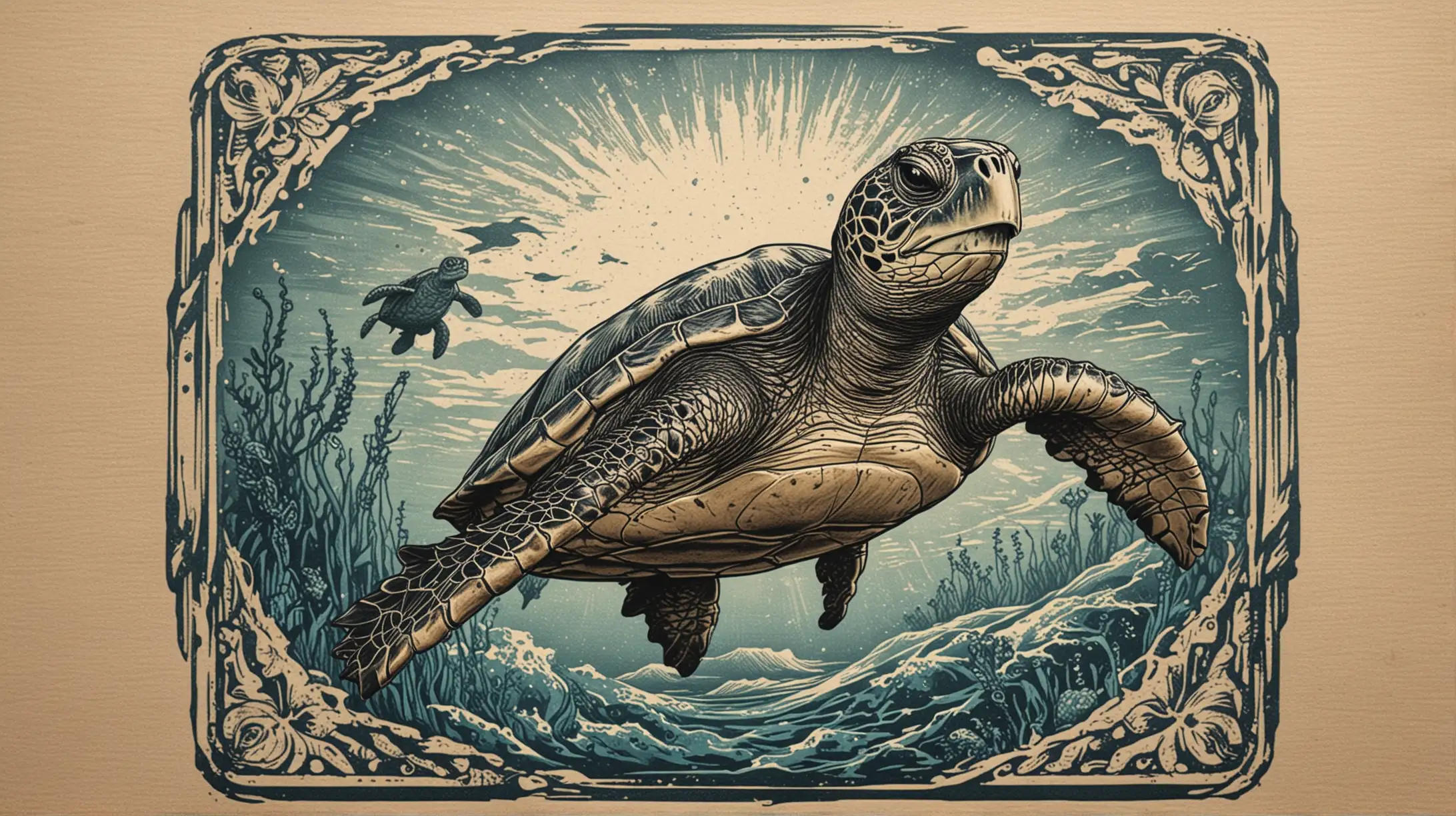 Detailed Block Print of a Lifelike Sea Turtle