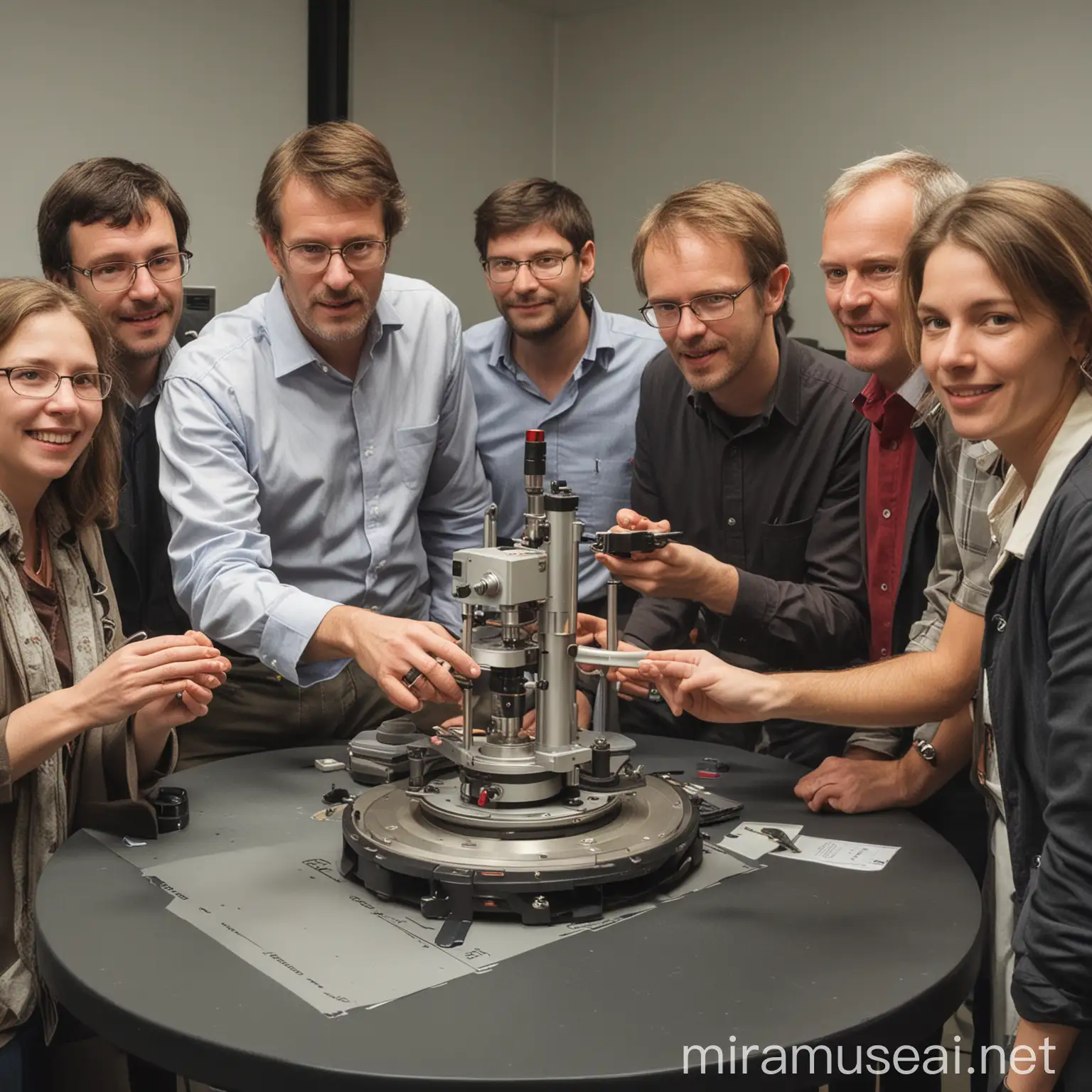 a rheology seminar, make a picture with some participants around an Anton Paar rheometer during a hands-on session


