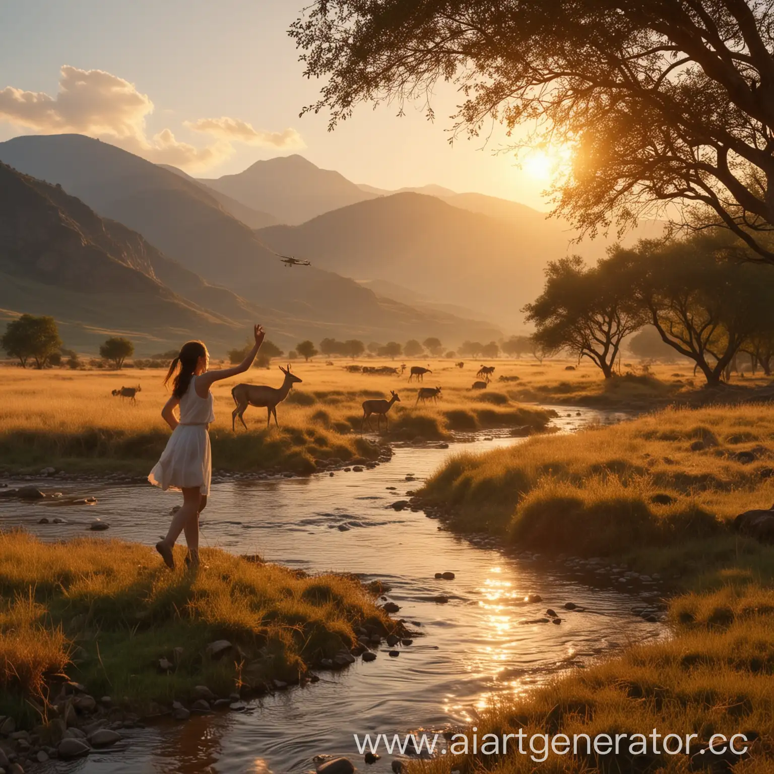 Mountain-Dancing-Girl-with-Flying-Plane-at-Sunset