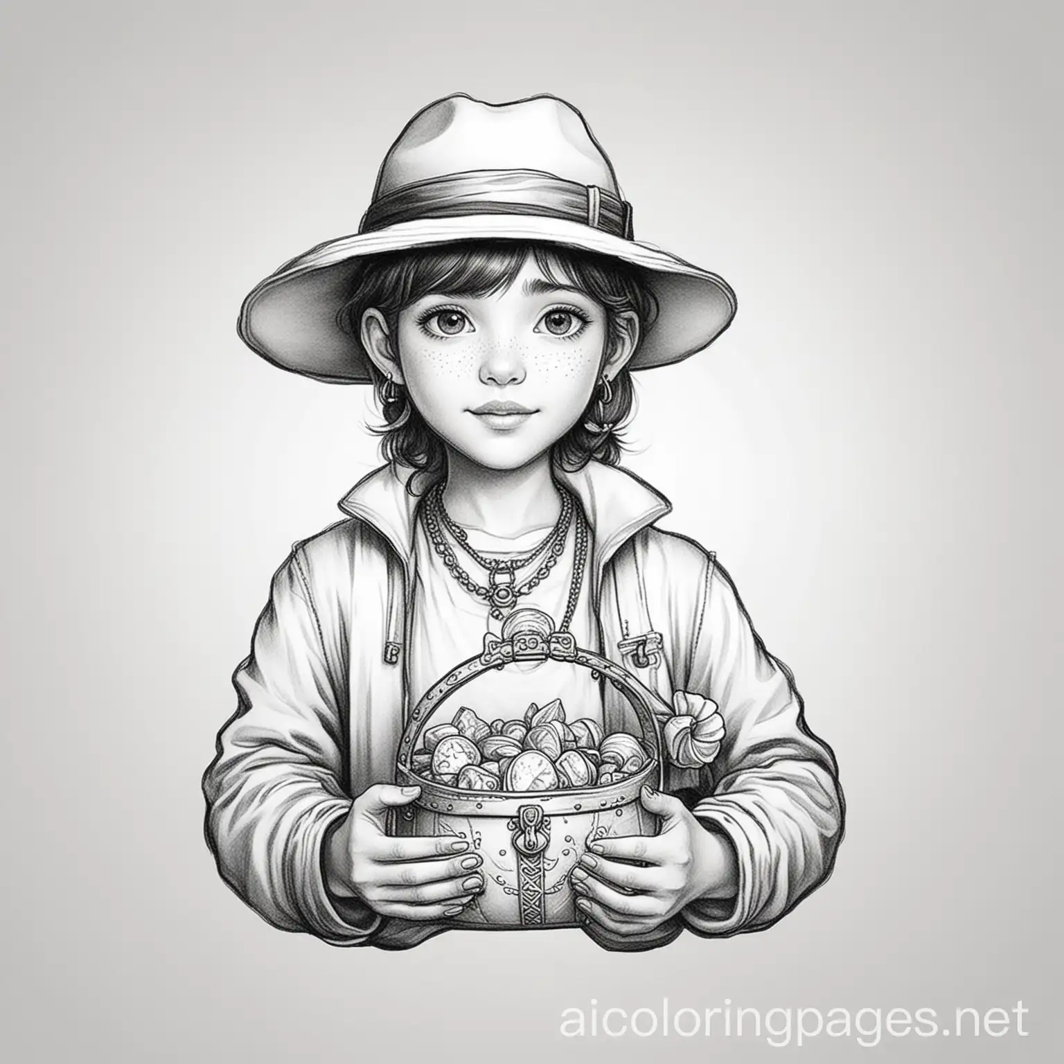 Treasure person with a hat holding treasure, Coloring Page, black and white, line art, white background, Simplicity, Ample White Space. The background of the coloring page is plain white to make it easy for young children to color within the lines. The outlines of all the subjects are easy to distinguish, making it simple for kids to color without too much difficulty