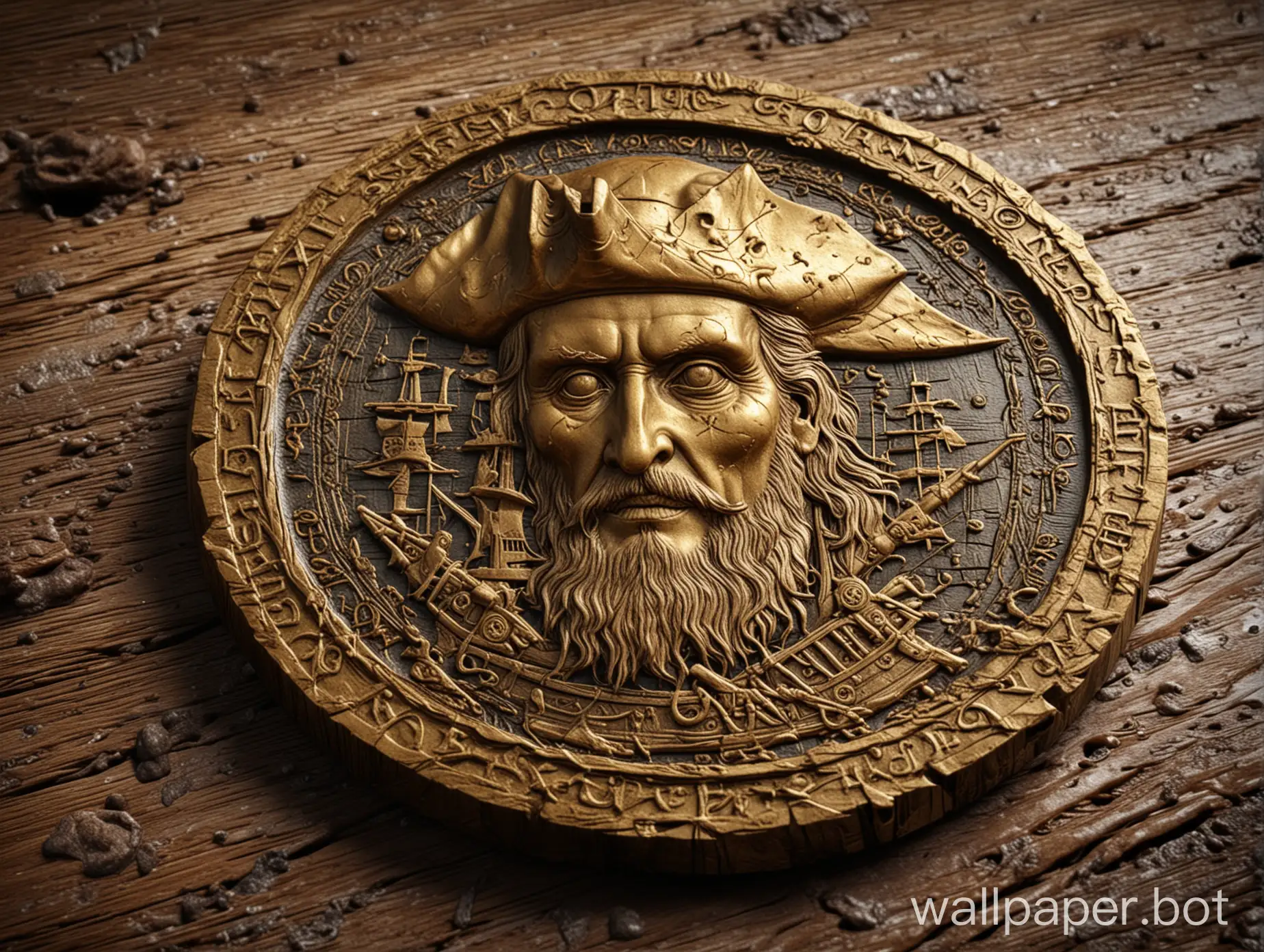 A stunning, detailed close-up illustration of an ancient pirate gold coin. The worn and weathered surface of the coin reveals intricate engravings and designs. The coin is set against a backdrop of wooden planks, evoking the feel of a pirate ship. The image is beautifully rendered in a mix of photography, 3D rendering, and painting techniques, creating a unique and captivating visual experience.