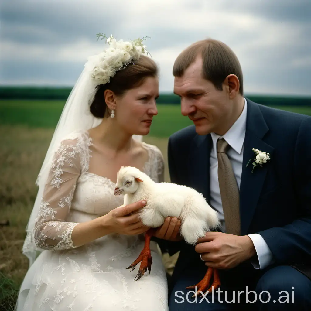 absurdness overdetailed real Pentax Helios-44m photo of russian post-soviet 1997-1998 90's abstract wedding relatives give the newlyweds a chicken and a goat