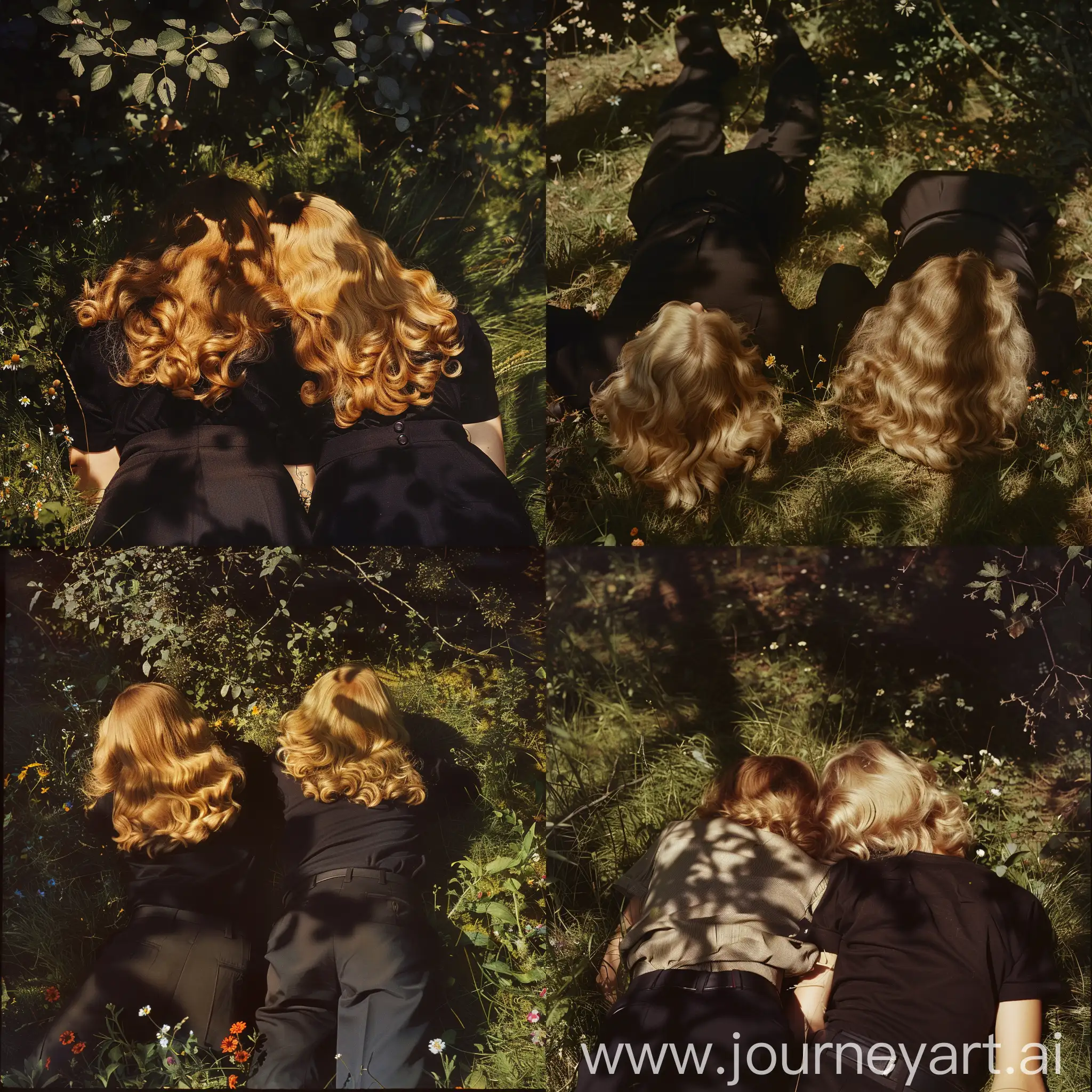 Retro shot from the 1970s, realism, high quality details. A real film shot. Close-up of two fat 16-year-old girls lying on the grass, rear view. Blonde hair. The shadows from the trees and the rays of the sun fall everywhere creating an interesting atmosphere, wildflowers. Black business trousers and a T-shirt.