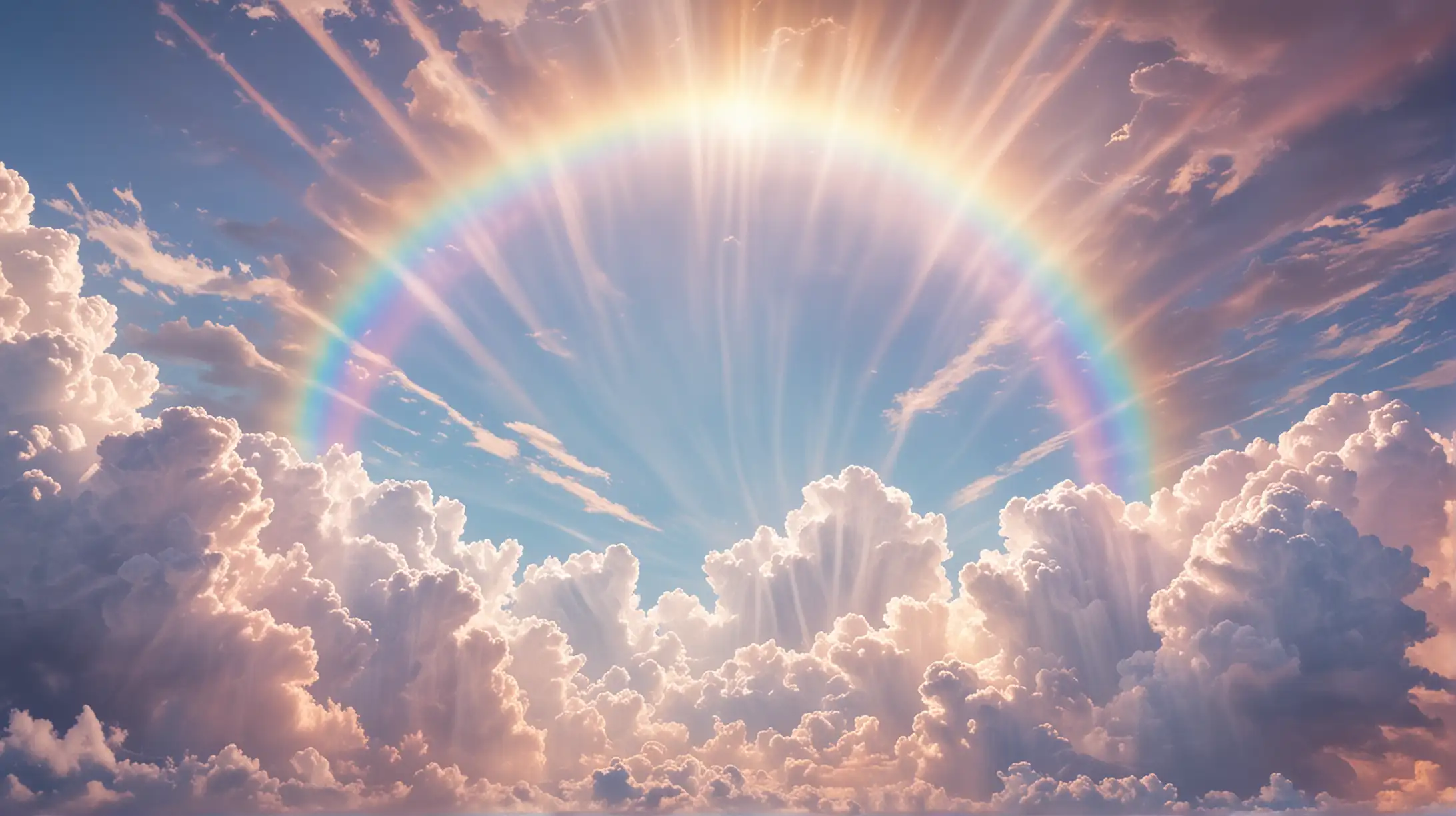 peaceful pastel rainbow ethereal heaven, fluffy clouds, sunbeam with bright white light with rainbow colors ray down center