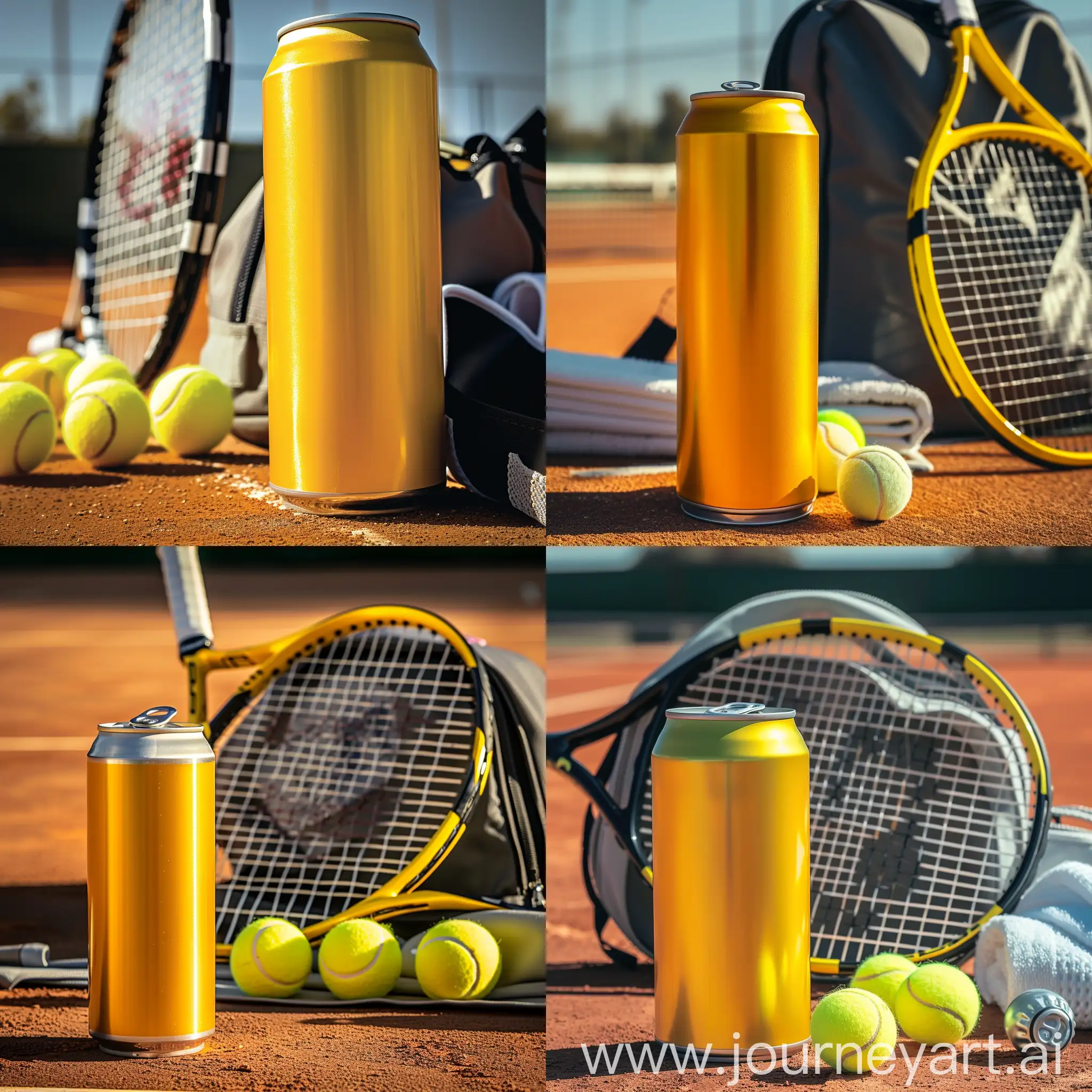 Sur le court de tennis, une canette jaune vive d'une boisson énergisante se tient au premier plan, au côté d'un équipement de tennis composé d'une raquette, de balles et d'un sac. La canette s'impose avec sa couleur lumineuse, sa surface lisse et son design qui suggère la vitalité et l'énergie brute. La lumière du jour joue sur la surface métallique de la canette, soulignant sa fraîcheur rafraîchissante.
La raquette de tennis, avec son réseau serré et sa poignée solide, suggère l'intensité et la précision du sport. Les balles de tennis alignées, prêtes à être utilisées, symbolisent la dynamique du jeu. Le sac de sport, ouvert, révèle une serviette de sport et une bouteille d'eau, soulignant l'importance de l'hydratation et du réconfort pendant les matches. Cette vue rapprochée reflète l'énergie et l'excitation propres à la pratique du tennis, tout en mettant en évidence l'importance d'une boisson énergisante pour le dynamisme des sportifs.