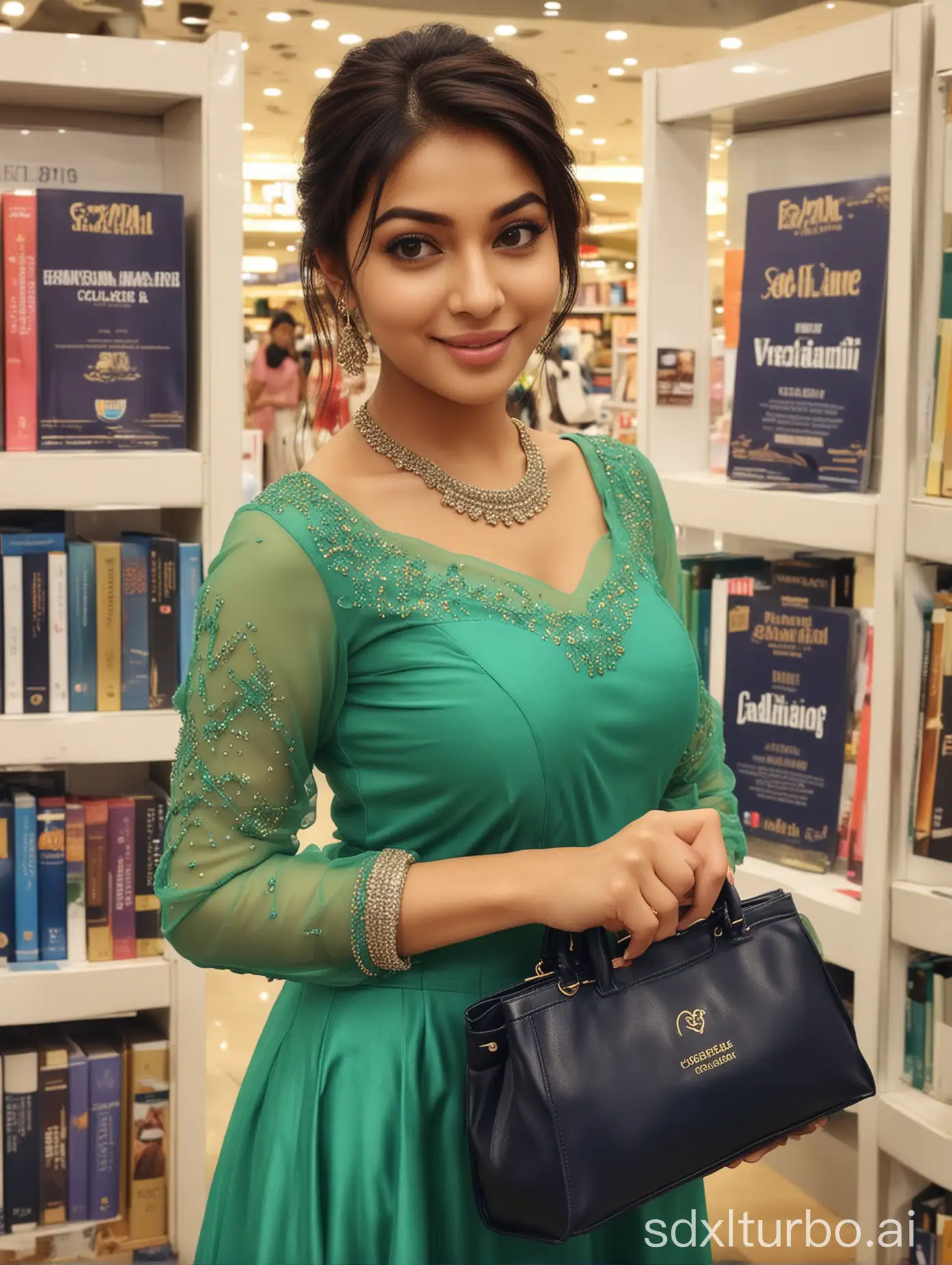 big mall event of company promoting college books and other services, wearing green formal corporate attire, real celebrity female model from Karnataka, happily pointing finger to the side of the promotional banner and promoting. Blended face of Aindrita and Hansika, healthy beautiful face, cheerful young lady, perfect arch eyebrows, almond shaped eyes with thick black kajal applied with wedding eyeliner, strobe glow on face, 19 years college girl, black puff hairstyle with slightly face framing bangs on medium voluminous thick hair, standing in the big Mall with proper lights, black college side bag, and long blue book holding . 12K quality.... luxurious royal pic