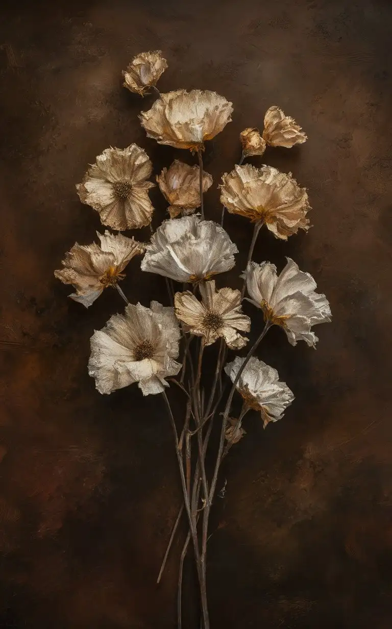Painterly Dry Flowers on Dark Brown Background Art
