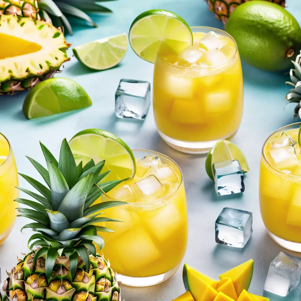 pineapple and mango drink, with lime, ice cubes on top