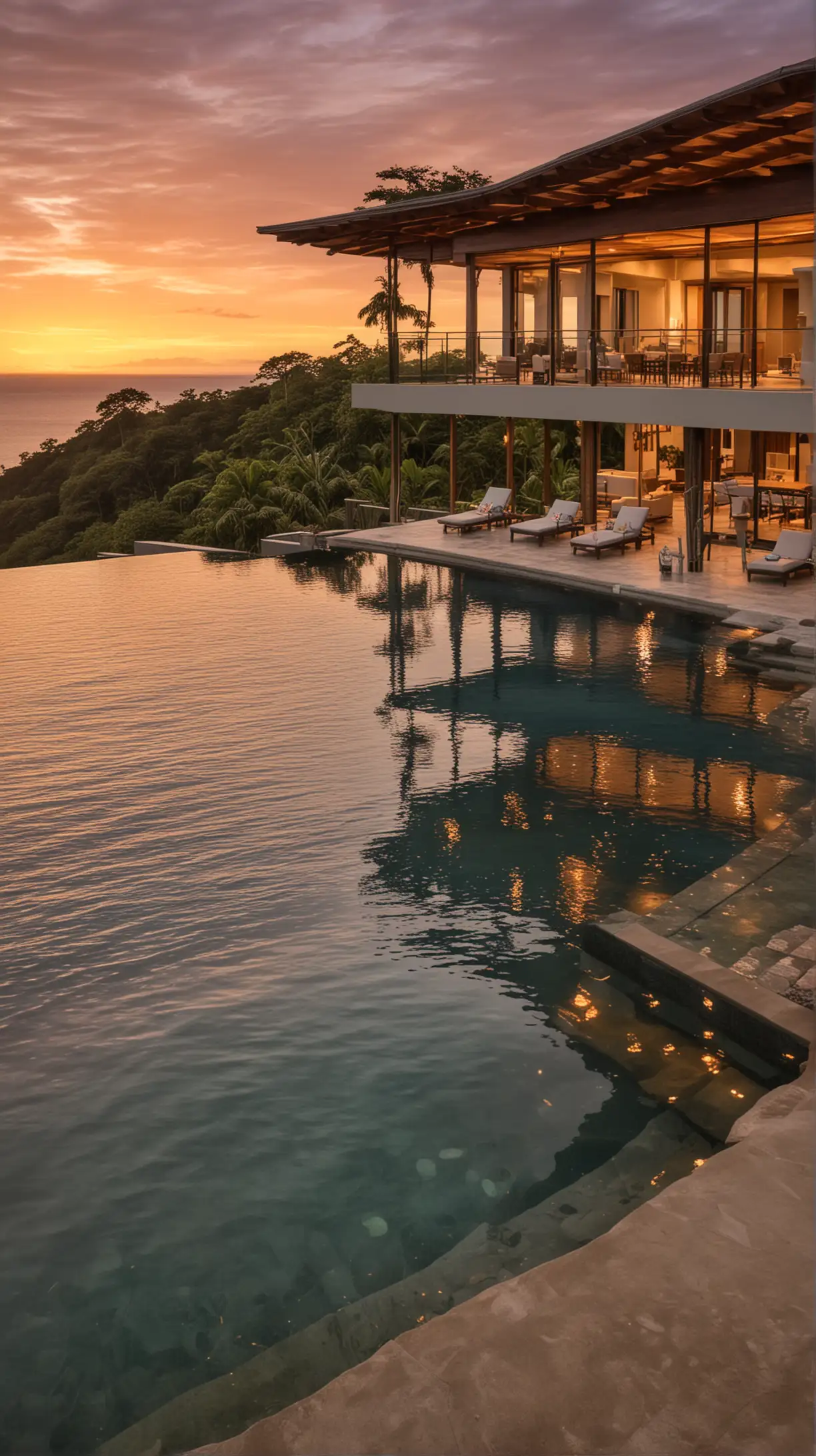 create an image of a beautiful 2 story contemporary beachfront home in costa rica with an infinity pool overlooking the ocean at sunset with beautiful outdoor living spaces and soft warm lighting