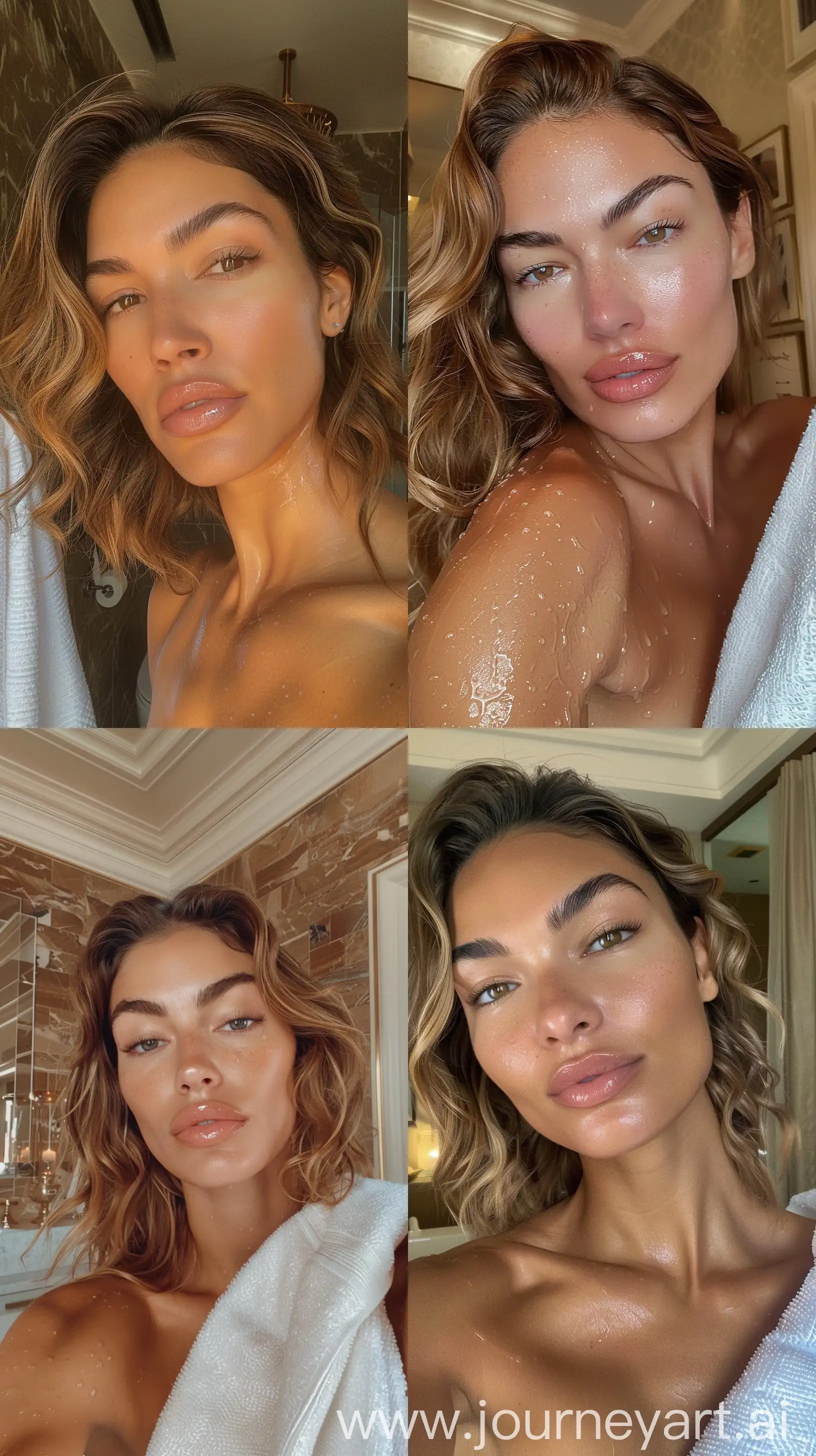 Aesthetic Instagram close up selfie of a light skinned, toned WNBA player, super model face, chiseled jawline, woman, high cheekbones, bushy eyebrows, wavy hair, in fancy New York apartment, fancy bathroom, right out of the shower, towel, tall, warm brown tones --ar 9:16