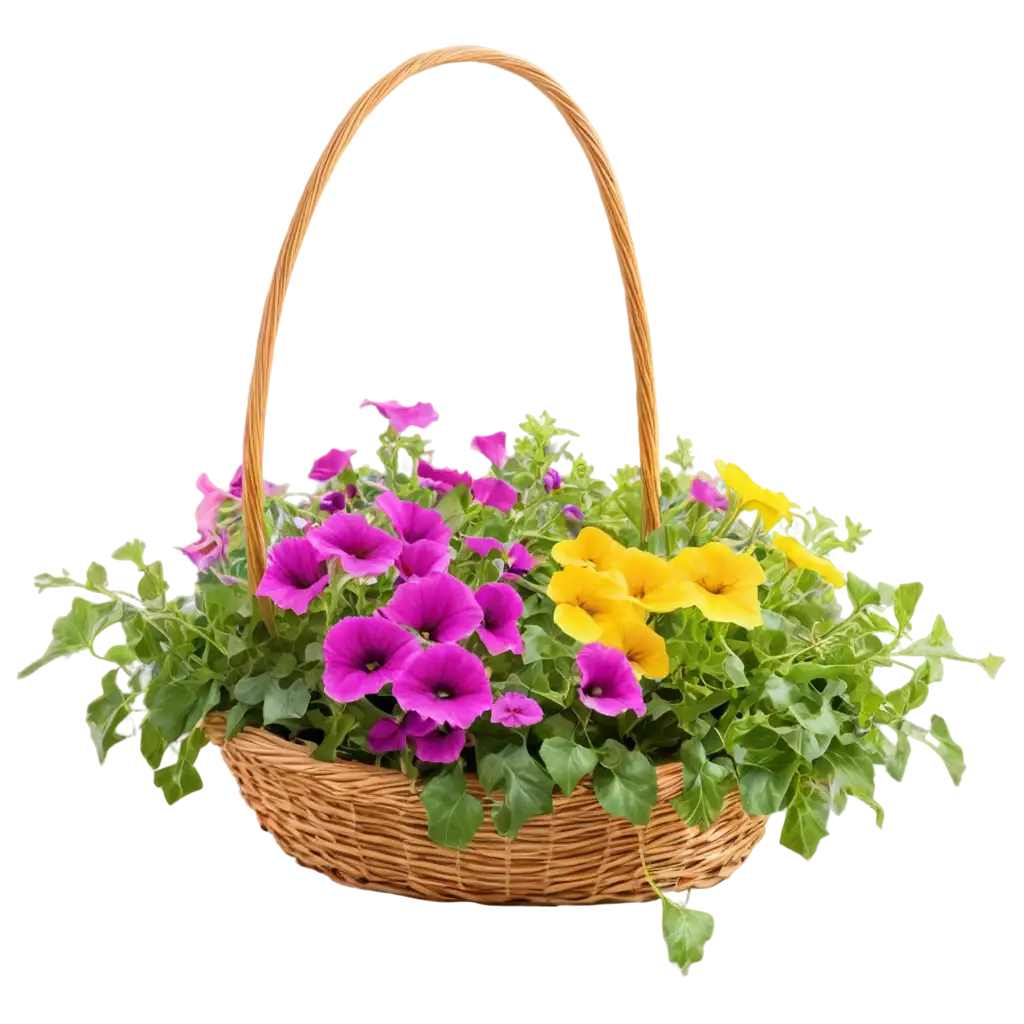 basket full of multicolored wave petunias without a shadow on a transparent background