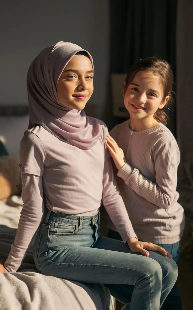 2 innocent girls.  14 years old. She wears a hijab, skinny t-shirt, skinny jeans,
She is beautiful. She sits on the bed.
Side eye view, petite, plump lips.  Elegant, pretty,