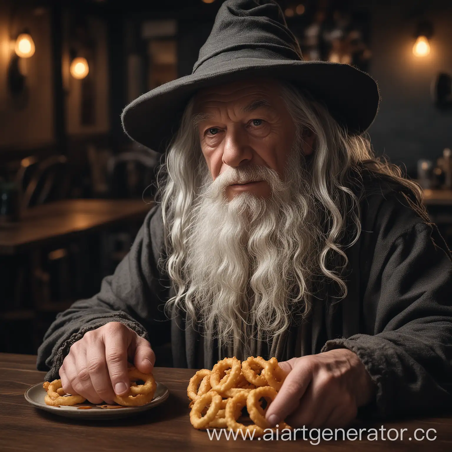 Gandalf holding a onion rings in cafe, rutkowski, rim light, dark theme