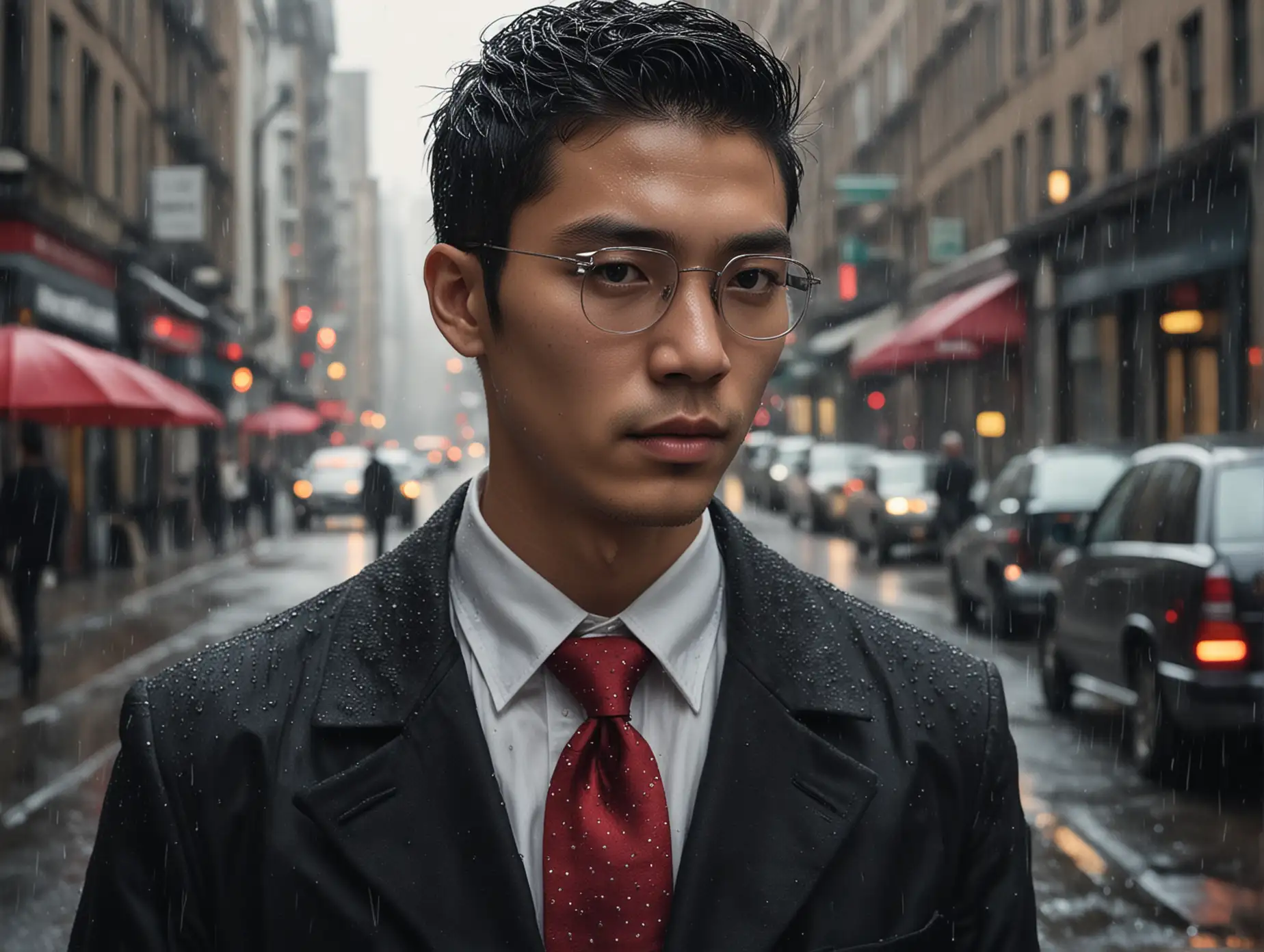 Urban-Sophistication-Confident-Asian-Man-in-Rainy-City-Street-Portrait