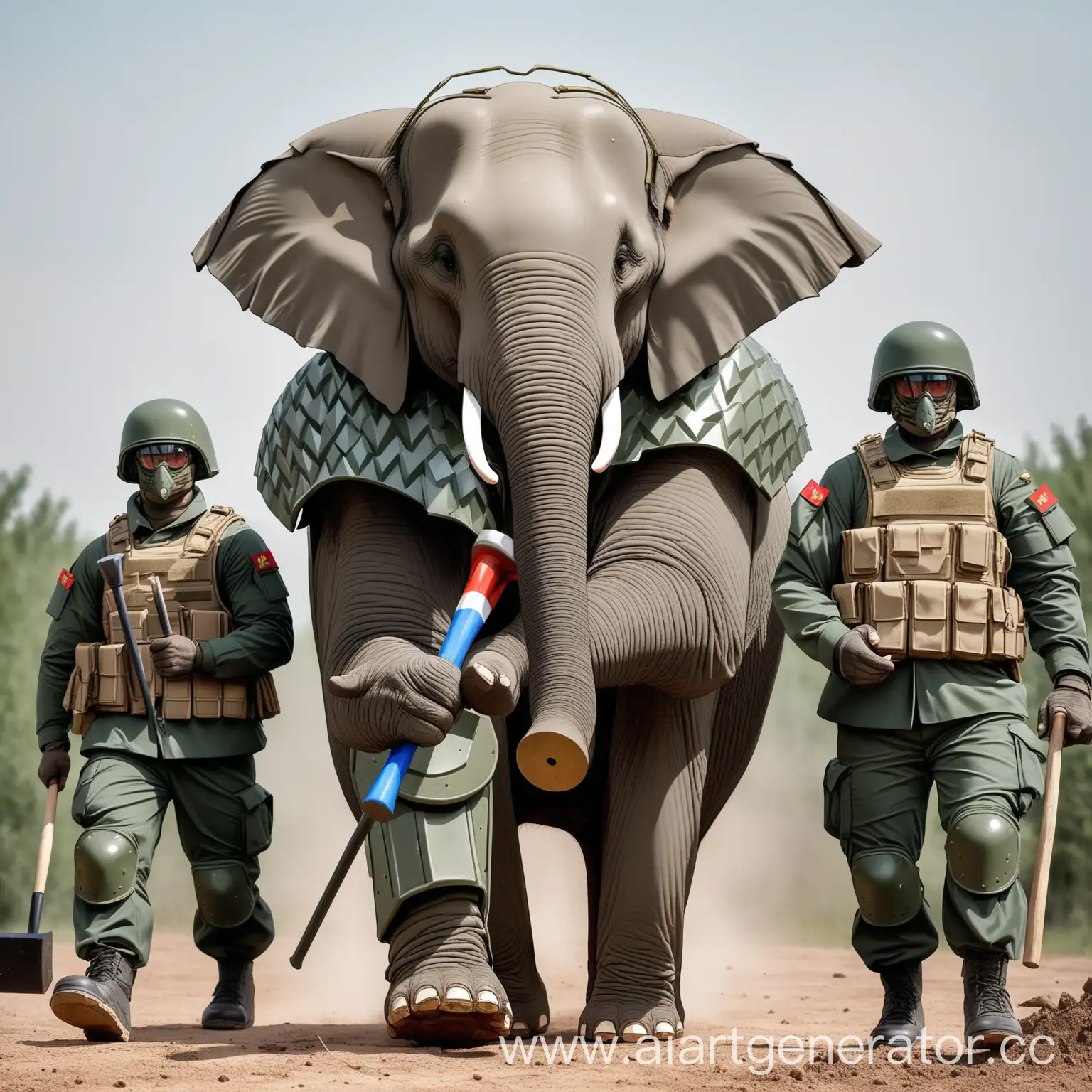 Modern-Military-Elephant-Wearing-Russian-Chevron-and-Holding-a-Hammer