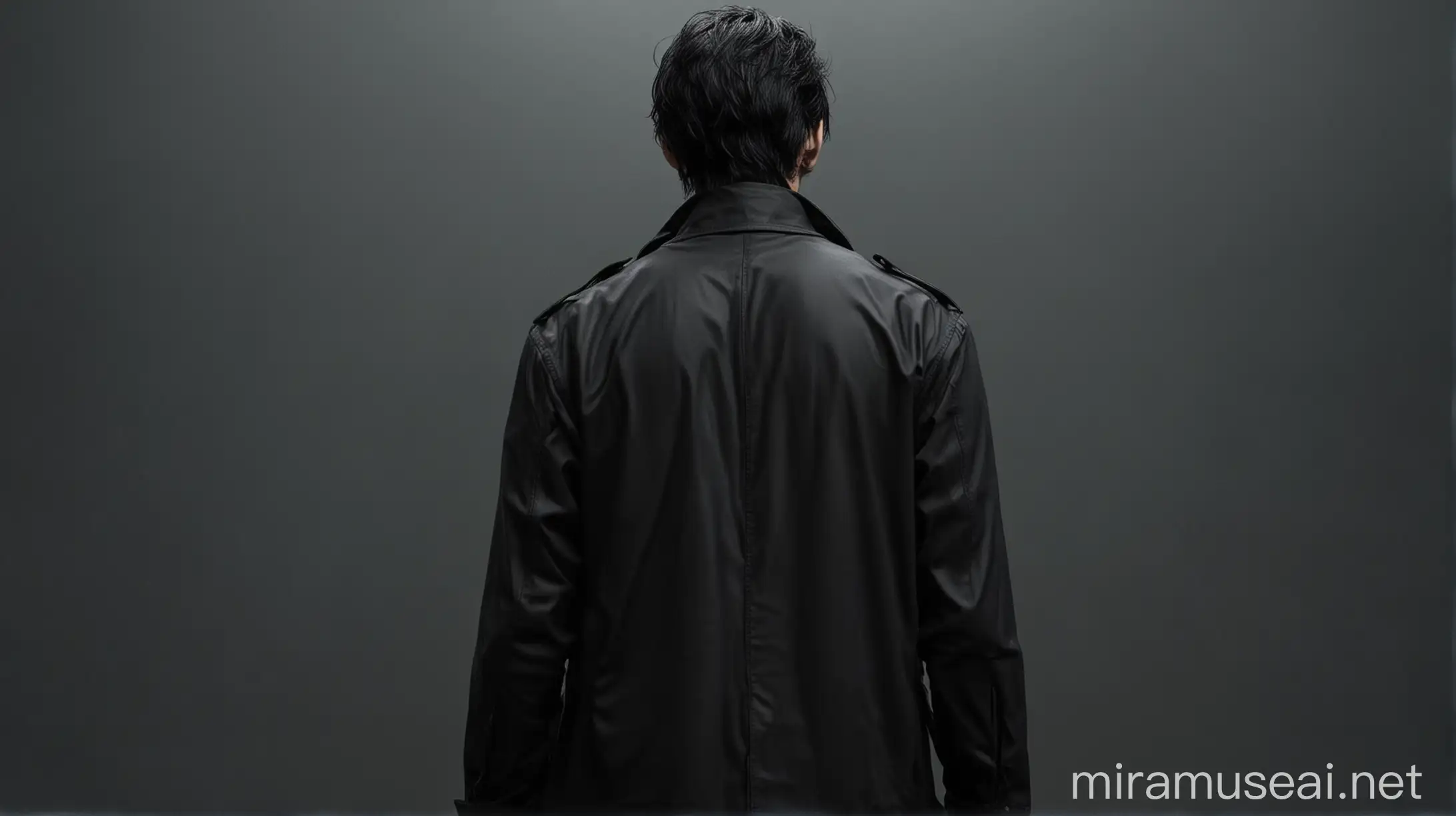 Mysterious Figure with Black Hair in Dark Attire Enigmatic Back View Portrait