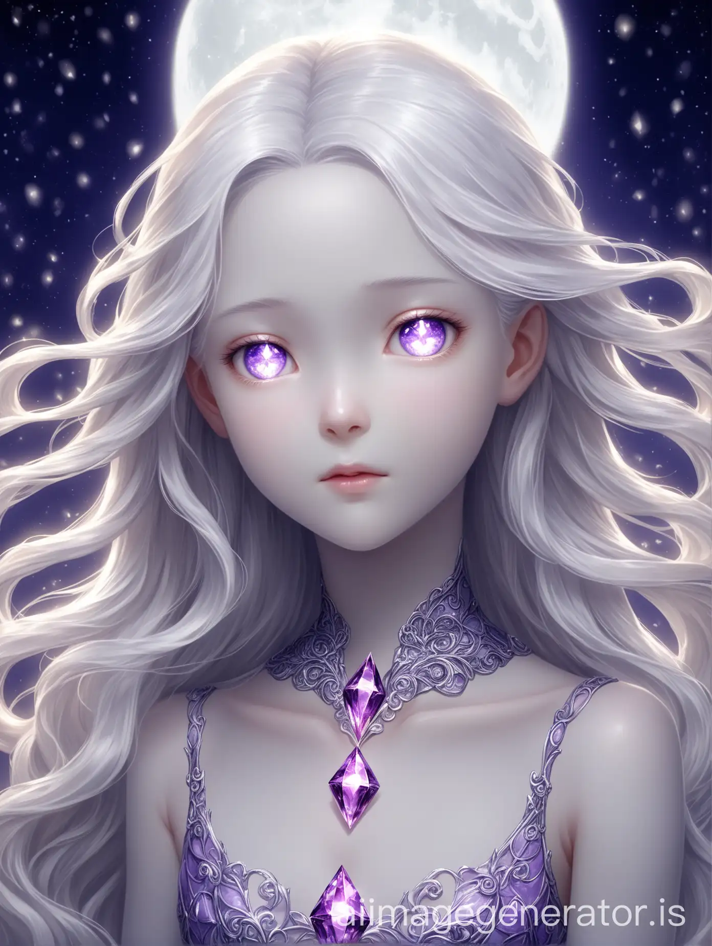 13 year old girl who has almond-shaped, purple diamond eyes that shine with a deep, rich purple hue and gleam with a captivating intensity, especially in the dark under the moonlight. Has a delicate and slender frame, approximately 5 feet tall. Her glowing white hair that is Colorless like a Diamond at sunset, having a shimmering, translucent quality that reflects light in a way that gives off a brilliant, crystal-like appearance. It would have a clear and glassy sheen, resembling the sparkle and clarity of a diamond. Her hair flows naturally and wavy down to her ankles, complementing her oval-shaped face with high cheekbones and a delicate jawline. Her skin tone is very pale, almost translucent, reflecting her European and Asian heritage, with a porcelain-like quality. Her limbs and fingers are long and slender. 