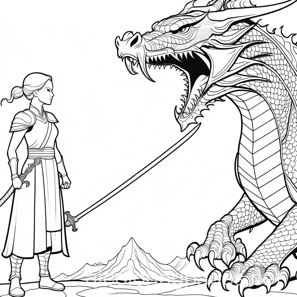 outline of a hot female warrior with a small boy both confronting a evil dragon, Coloring Page, black and white, line art, white background, Simplicity, Ample White Space