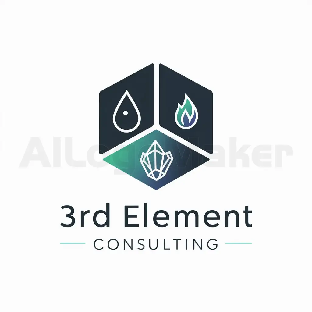 a logo design,with the text "3rd element consulting", main symbol:Imagine the first concept, a hexagon divided into three parts: Top Left Segment: An icon resembling an oil drop. Top Right Segment: A gas flame symbol. Bottom Segment: A crystal or mineral icon. Below the hexagon, the text “3rd Element Consulting” is written in a sleek, sans-serif font. The hexagon could be outlined in a dark blue or black, with each segment in varying shades of blue or green, maintaining a clean and professional appearance.,Minimalistic,be used in Others industry,clear background