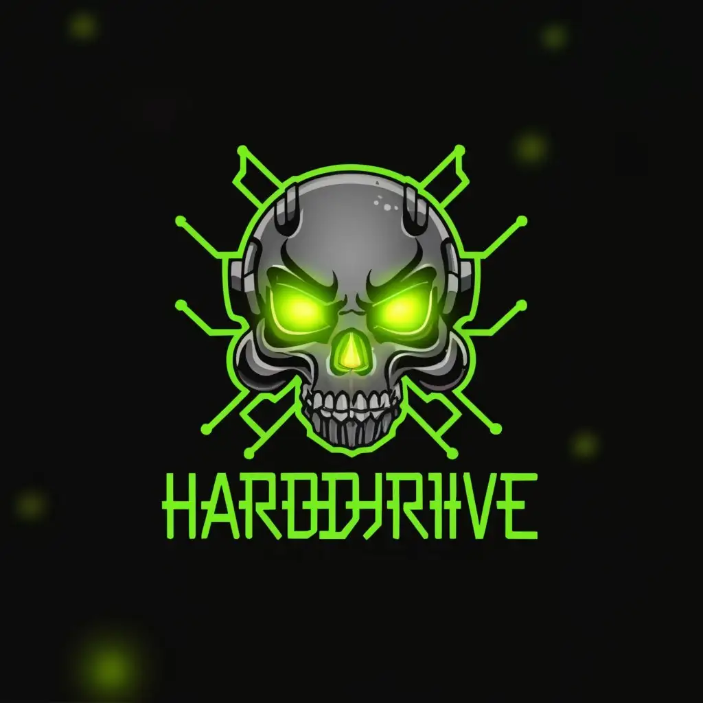 a logo design,with the text "HardDrive", main symbol:Cyborg Skull with chains,complex,clear background