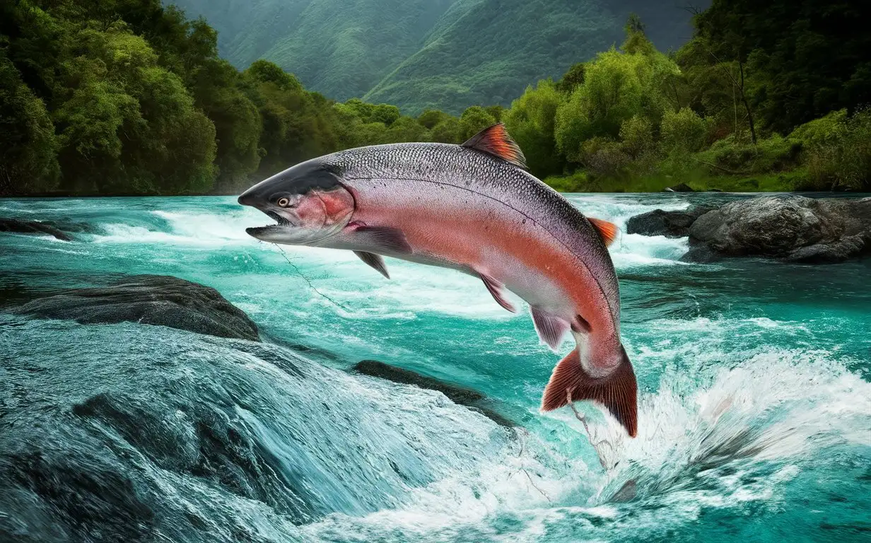 A single Salmon jumping out of a river
