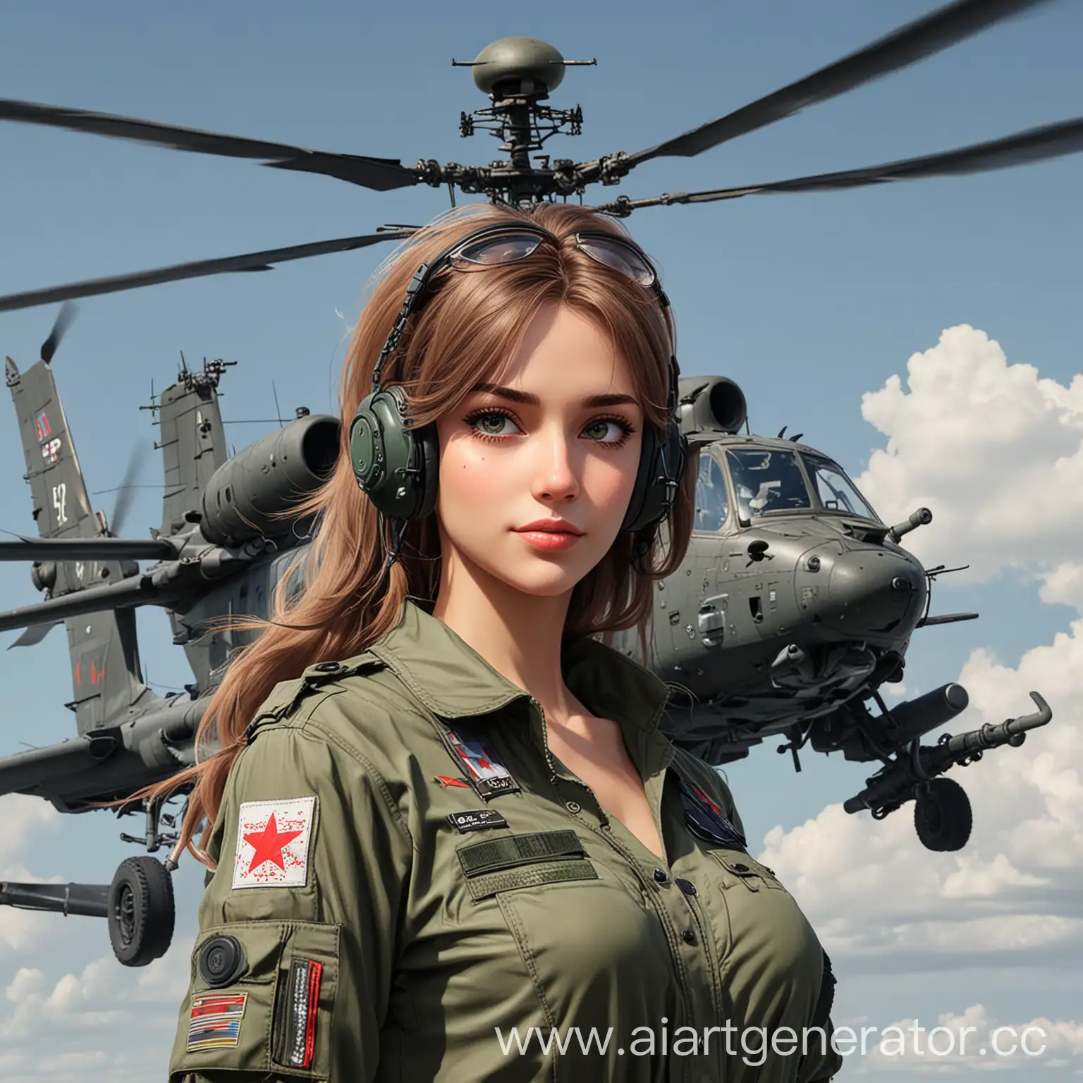 Российский вертолёт ка-52, радом стоят аниме девочки