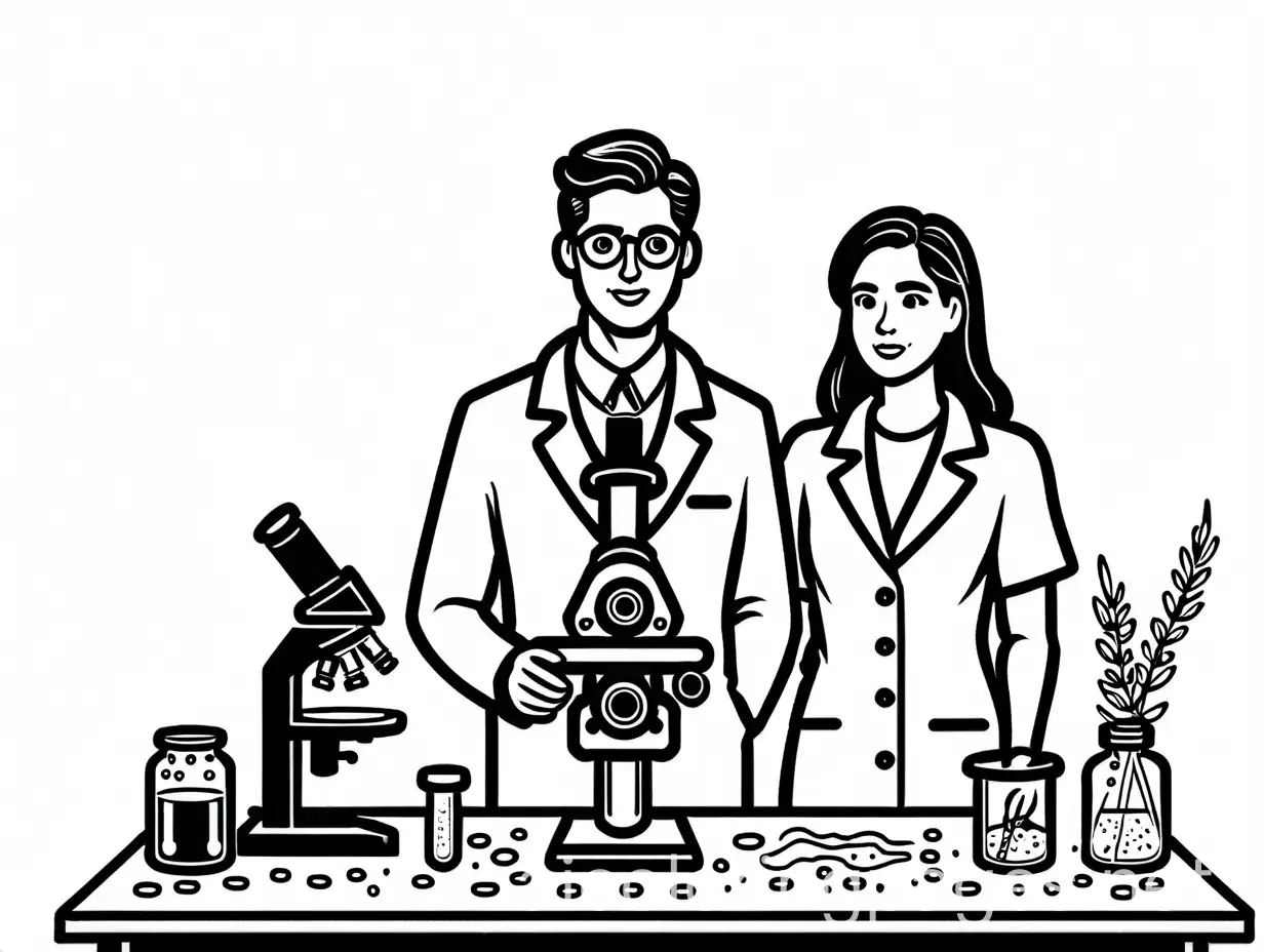 Draw a male and female biologist standing spaced apart, microscope, lab , Coloring Page, black and white, line art, white background, Simplicity, Ample White Space.