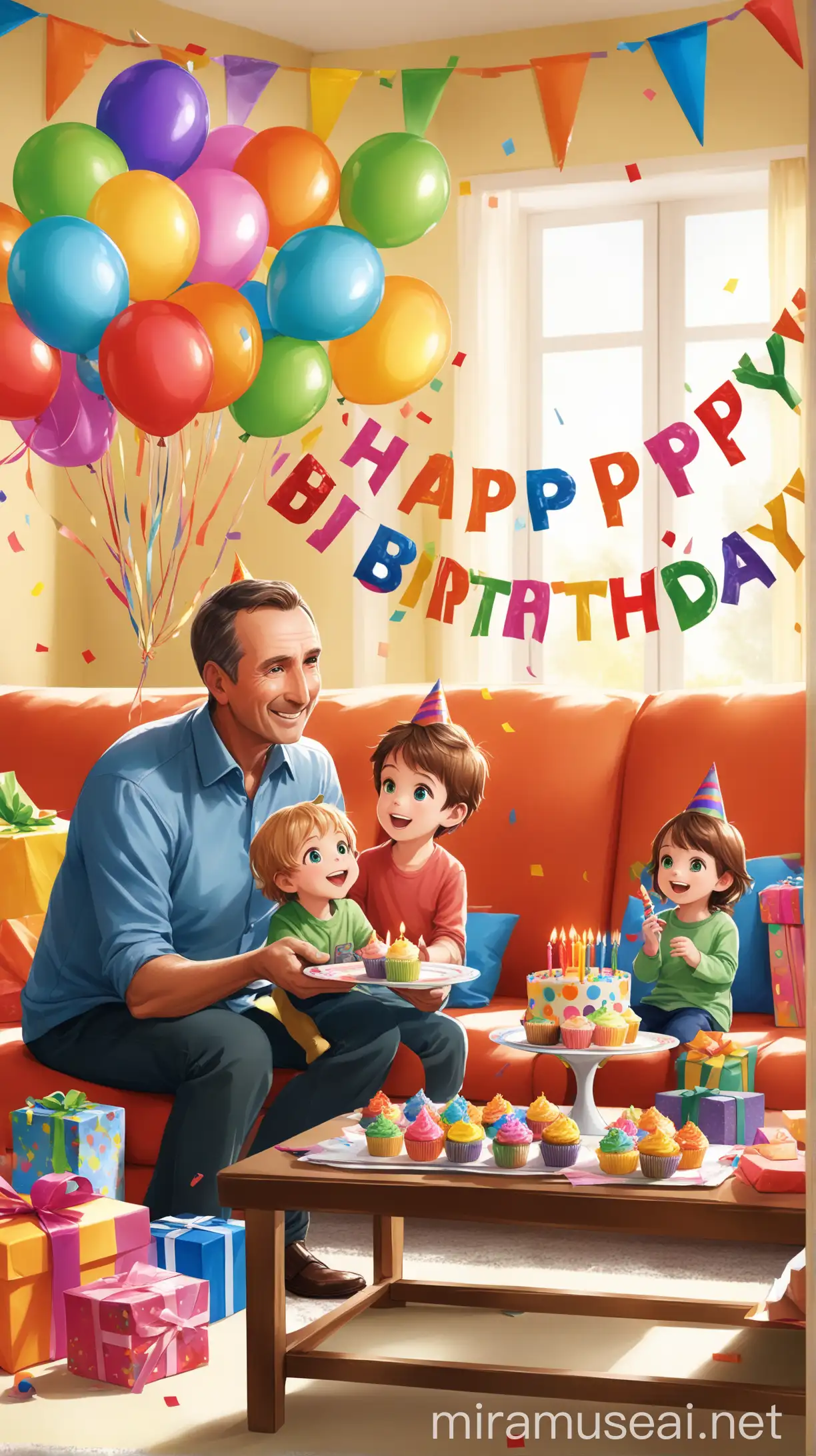 Create an image of a devoted dad standing in a warm, sunlit living room, facing away as he carefully pins up a "Happy Birthday" banner. He holds a roll of tape while adjusting vibrant paper lanterns. Nearby, a child stands excitedly, eyes wide with anticipation. The room is filled with bright balloons, rainbow streamers, and the scent of freshly baked cupcakes. A table is set with party hats, playful plates, and a cake adorned with the child's favorite characters. Presents wrapped in cheerful paper sit on a cozy sofa. Every detail should reflect the dad's love and dedication to making his child's birthday magical.