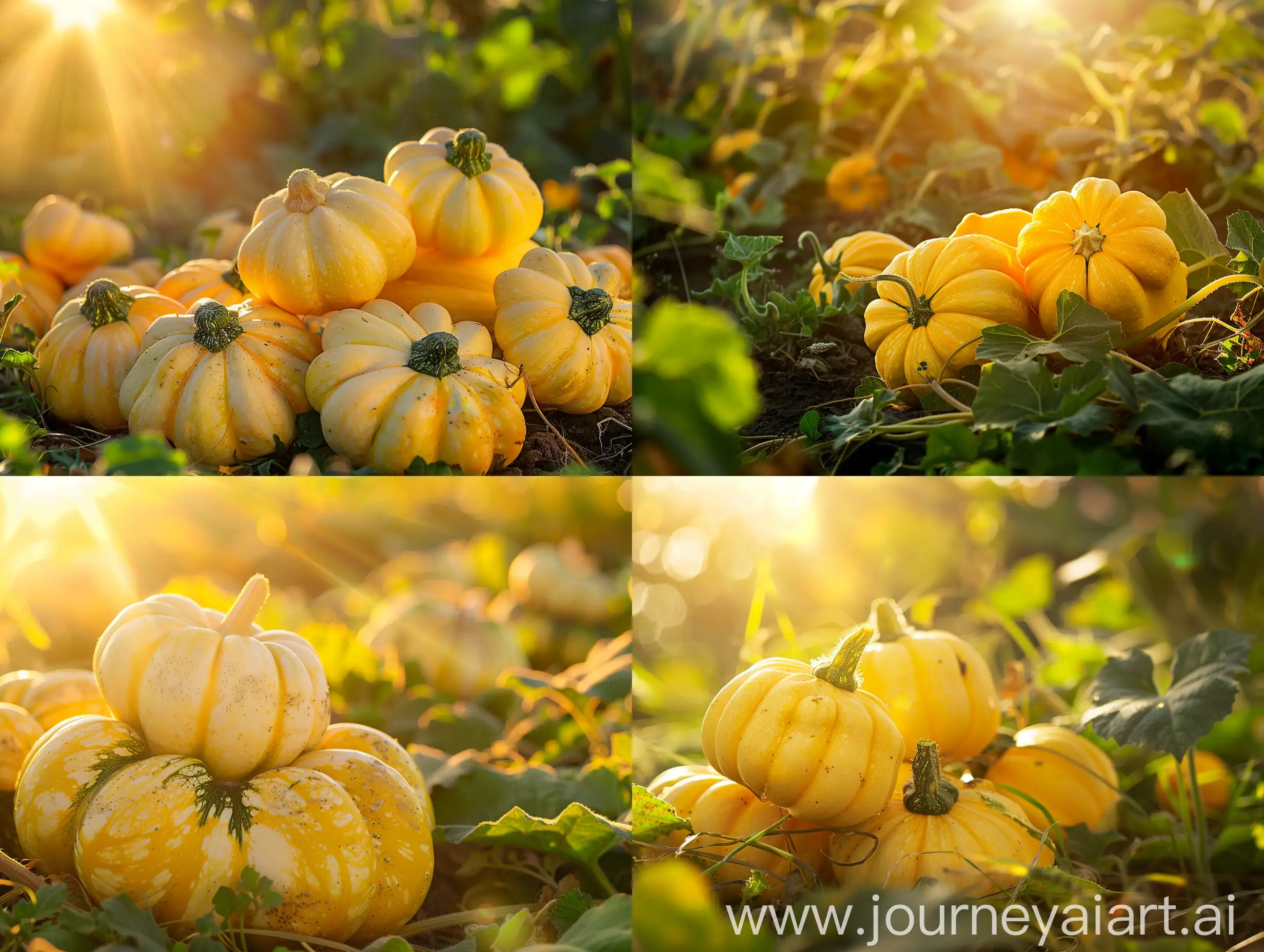 High detailed photo capturing a Squash, Sunburst Hybrid. The sun, casting a warm, golden glow, bathes the scene in a serene ambiance, illuminating the intricate details of each element. The composition centers on a Squash, Sunburst Hybrid. Sunburst is a beautiful butter yellow scallop-type squash. Each fruit is accented with a small dark green ring. The mild, white flesh remains tender and firm. Best used when harvested and eaten at around 3" across. Ready to harvest 50-55 days after sowing. The image evokes a sense of tranquility and natural beauty, inviting viewers to immerse themselves in the splendor of the landscape. --ar 16:9 