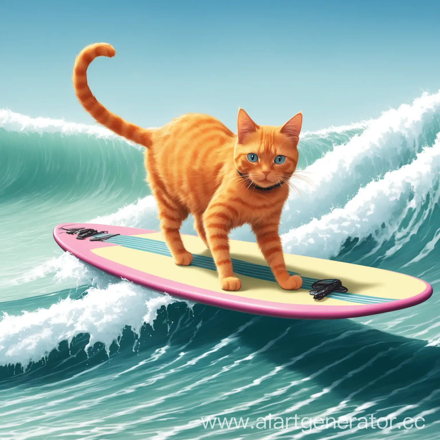 Adventurous-Cat-Riding-a-Surfboard-on-Ocean-Waves
