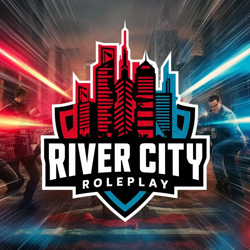 a logo design,with the text "River City Roleplay", main symbol:Red a blue lights flashing of Skyscrapers while the police are in an intense battle with criminals,complex,be used in Others industry,clear background