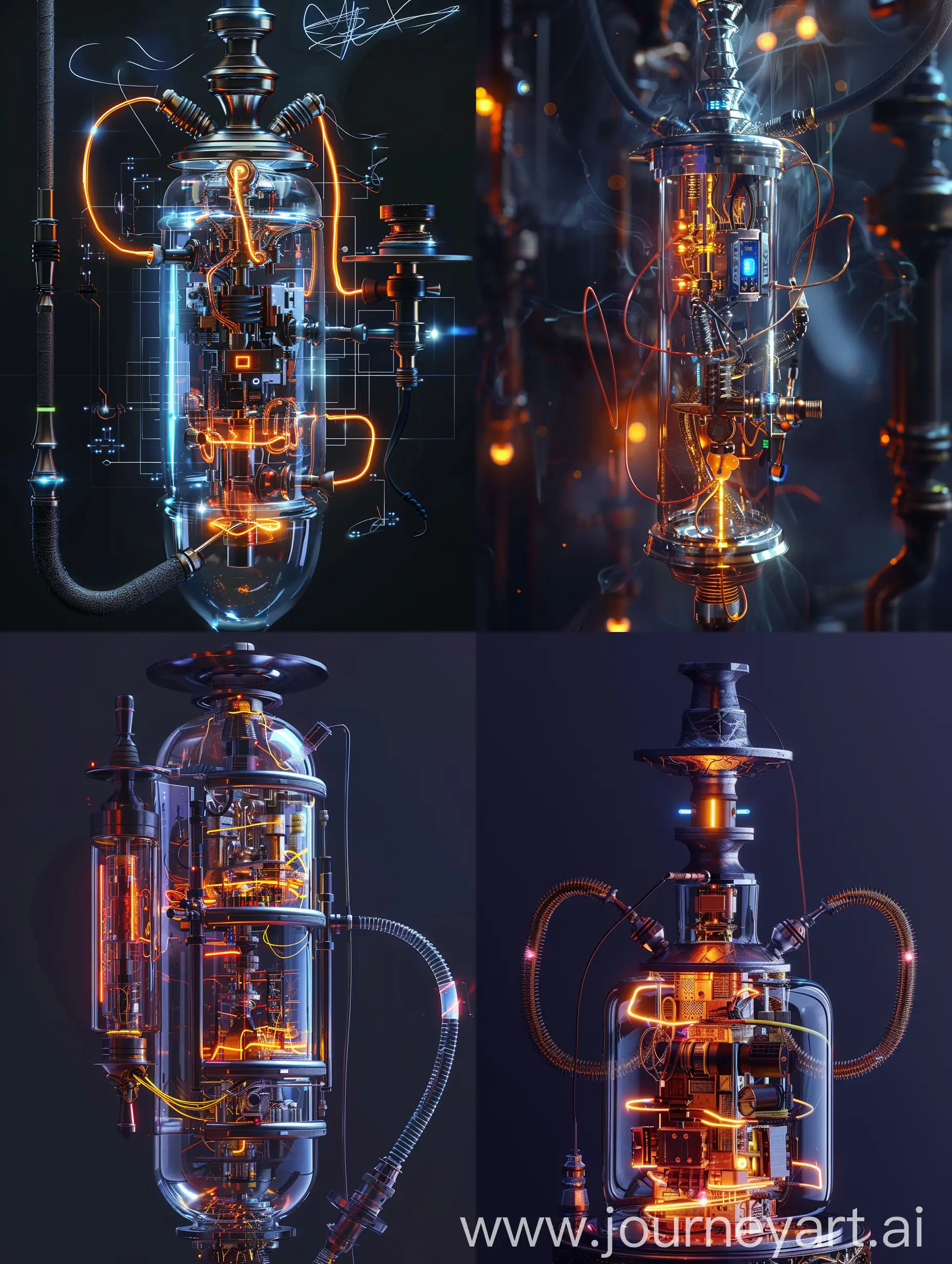 a futuristic electric hookah made from metal and glass, electric parts inside it, glowing wires and led lights, concept design