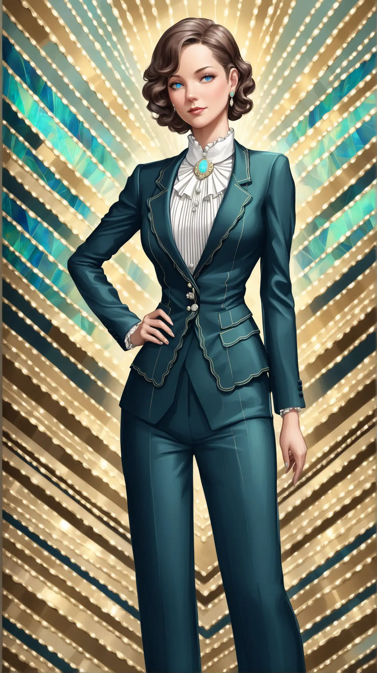 stylish female lawyer in a formal pantsuit decorated with art deco lines, a ruffled button blouse underneath, and classy opal jewelry
