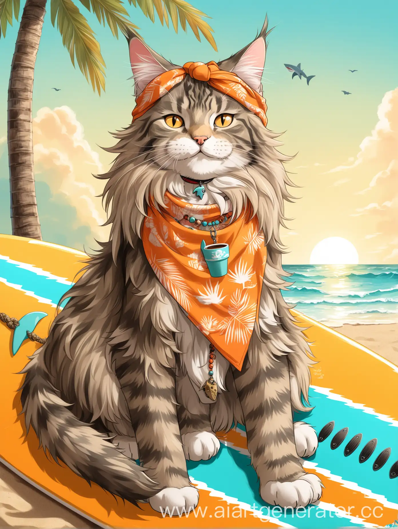 Relaxed-Maine-Coon-Cat-on-Surfboard-with-Tropical-Bandana-and-Coffee-Cup