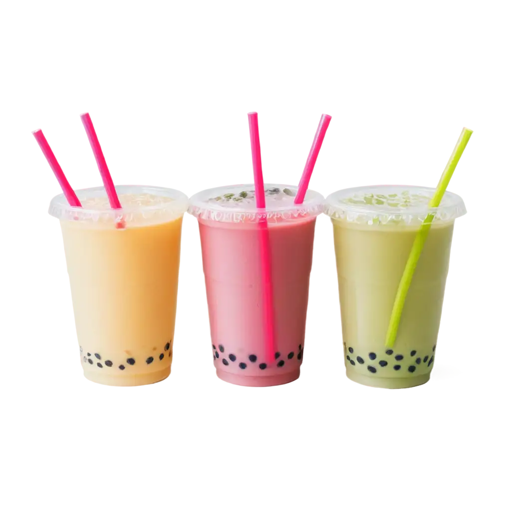 bubble tea refreshers in a 3 transparent plastic cups with one pink straw, liquid color yellow, green and red, the bubbles with contrast colors each one.